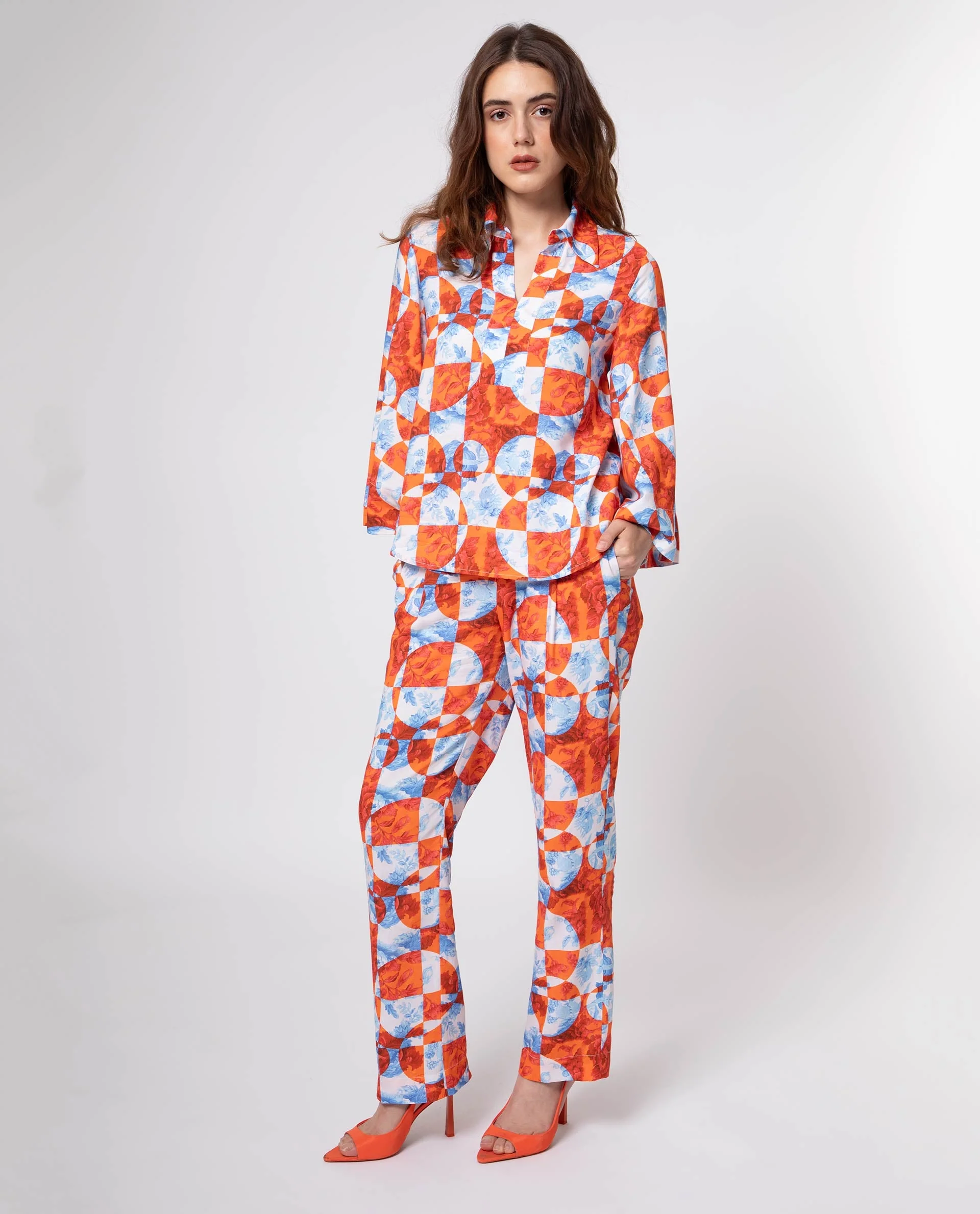 Rareism Women's Crawford Orange Viscose Spread Collar Floral Print Flared Sleeve Regular Fit Top - Image 7