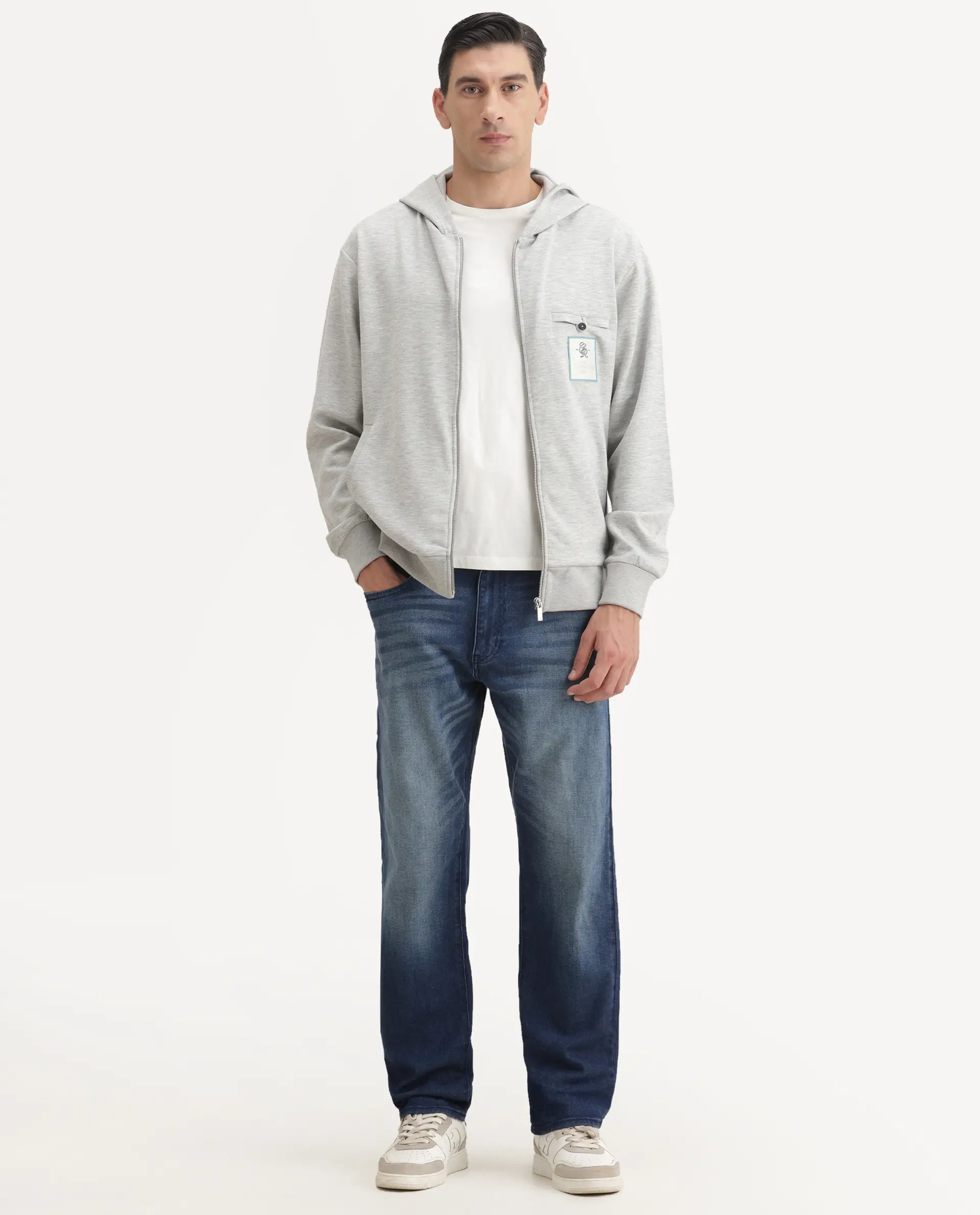 Rare Rabbit Men's Crea-T Melange Grey Modal Blend Fabric Full Sleeves Hooded Zipper Closure Label Print Sweatshirt - Image 2