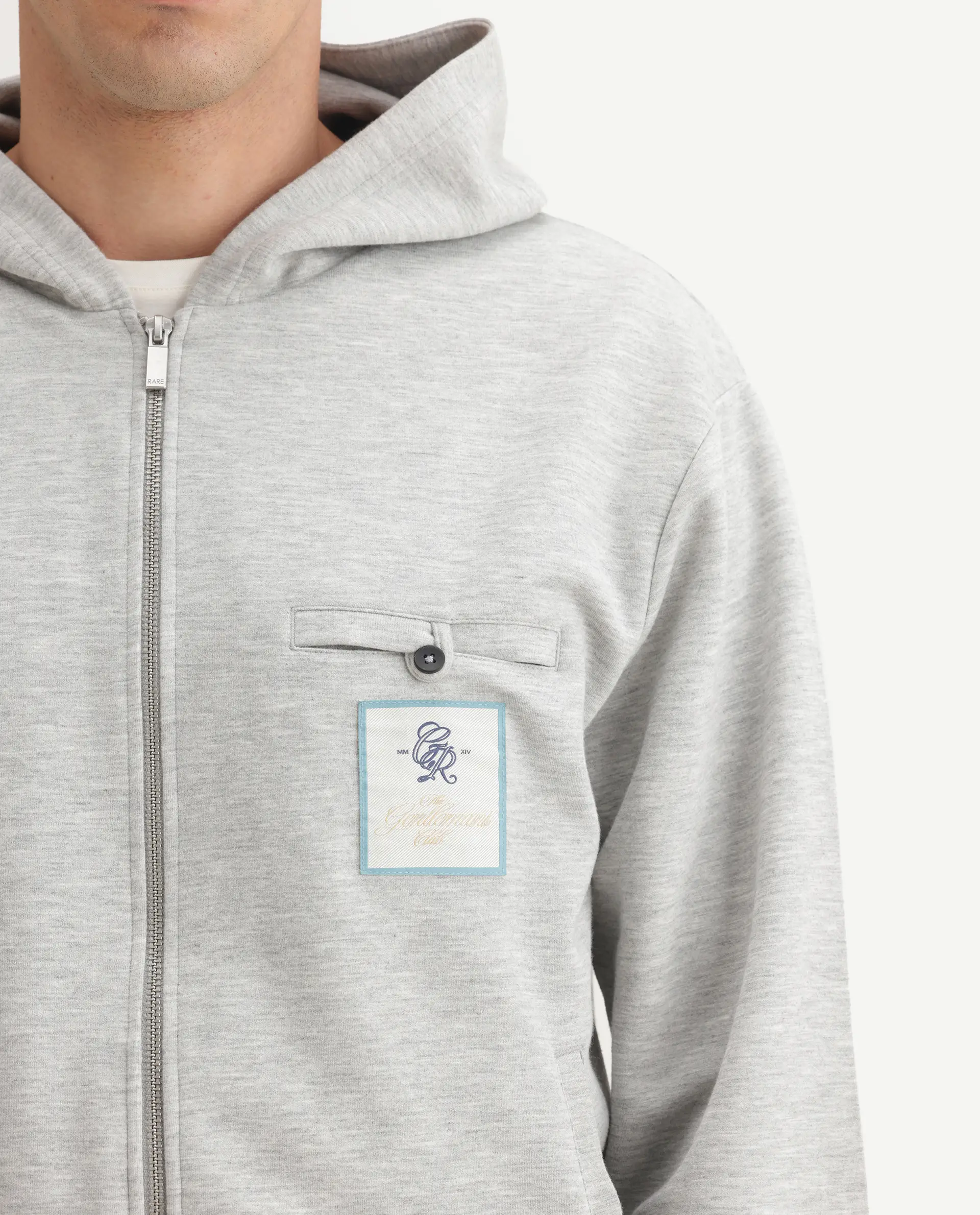 Rare Rabbit Men's Crea-T Melange Grey Modal Blend Fabric Full Sleeves Hooded Zipper Closure Label Print Sweatshirt - Image 3