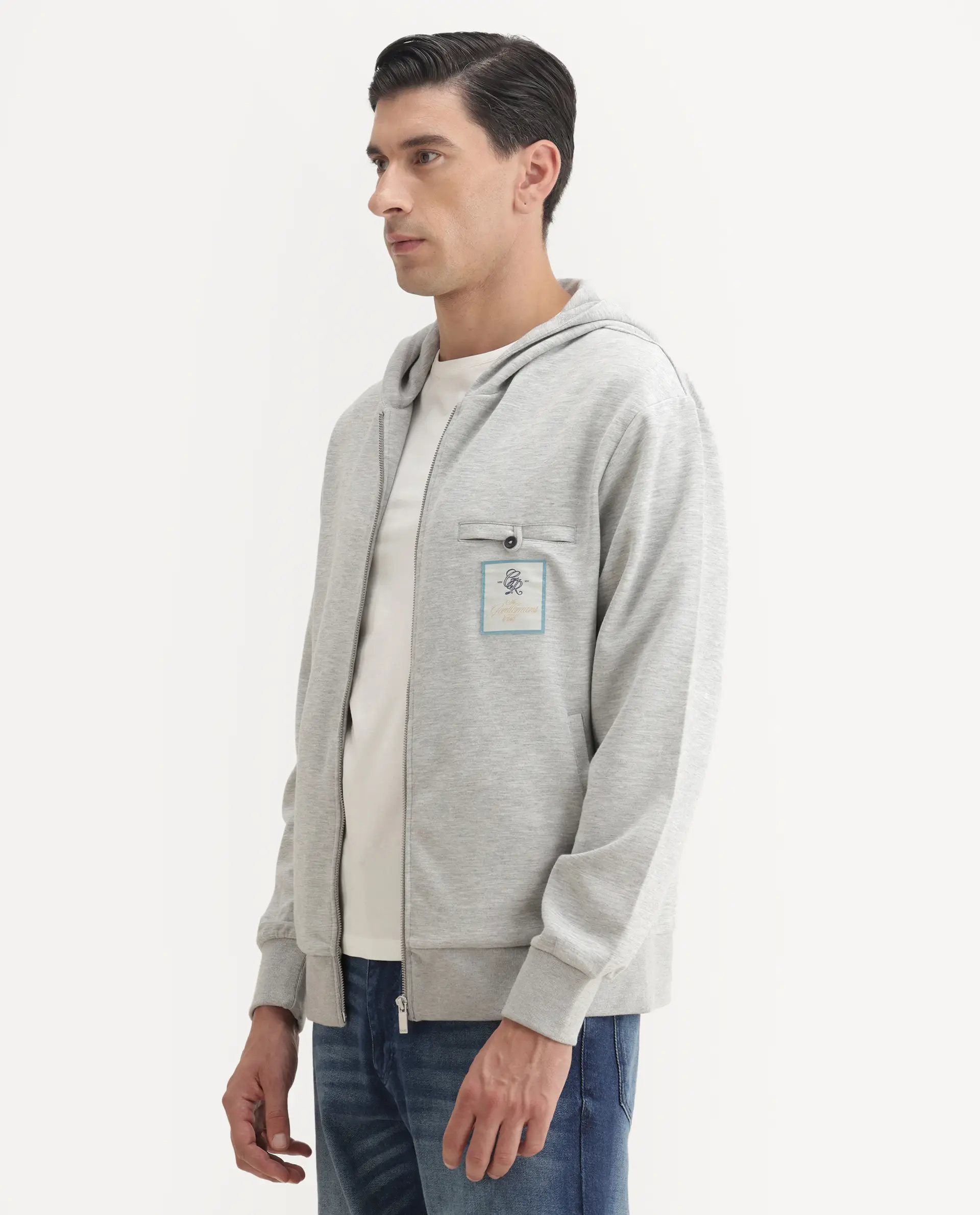 Rare Rabbit Men's Crea-T Melange Grey Modal Blend Fabric Full Sleeves Hooded Zipper Closure Label Print Sweatshirt - Image 4