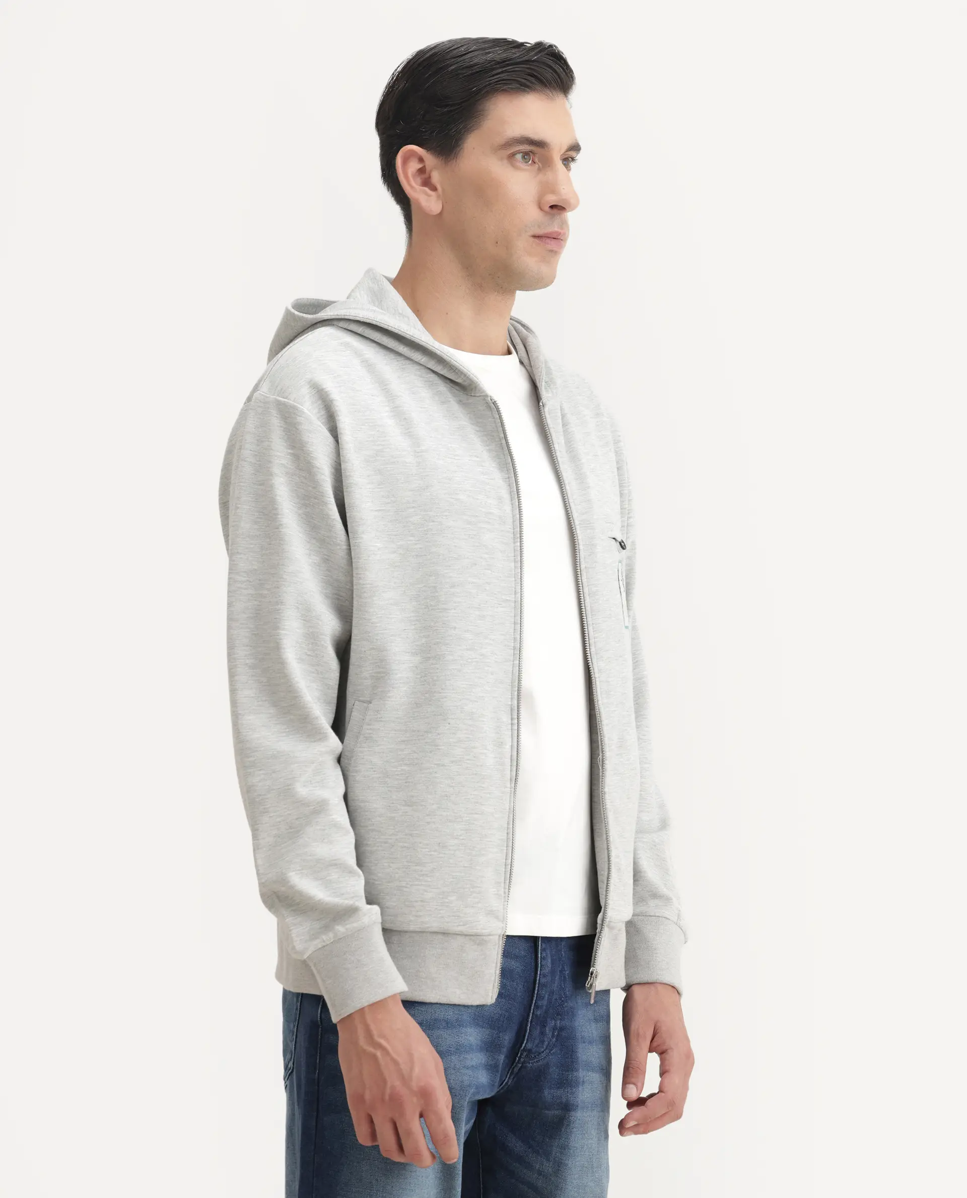 Rare Rabbit Men's Crea-T Melange Grey Modal Blend Fabric Full Sleeves Hooded Zipper Closure Label Print Sweatshirt - Image 5
