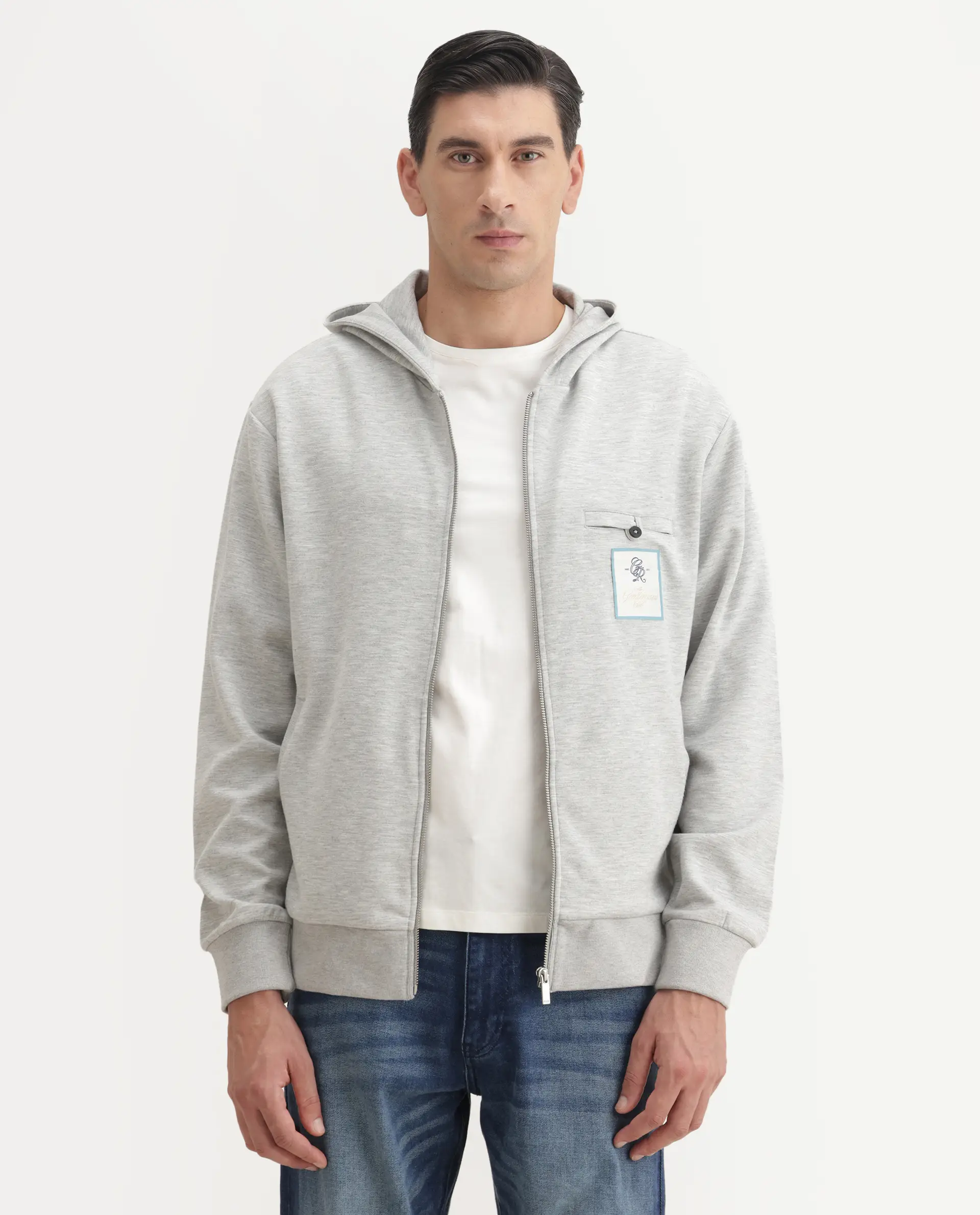 Rare Rabbit Men's Crea-T Melange Grey Modal Blend Fabric Full Sleeves Hooded Zipper Closure Label Print Sweatshirt - Image 6
