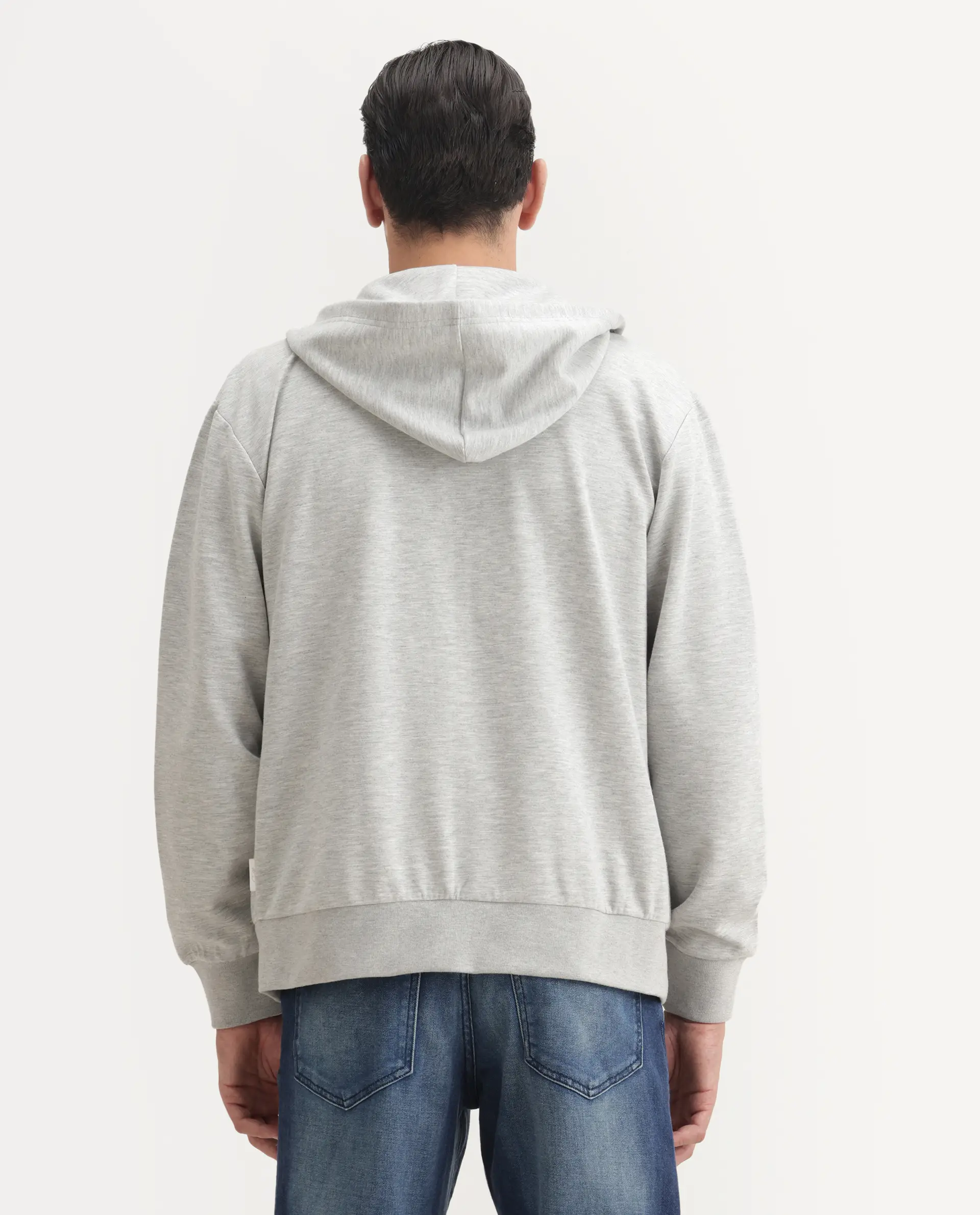 Rare Rabbit Men's Crea-T Melange Grey Modal Blend Fabric Full Sleeves Hooded Zipper Closure Label Print Sweatshirt - Image 7