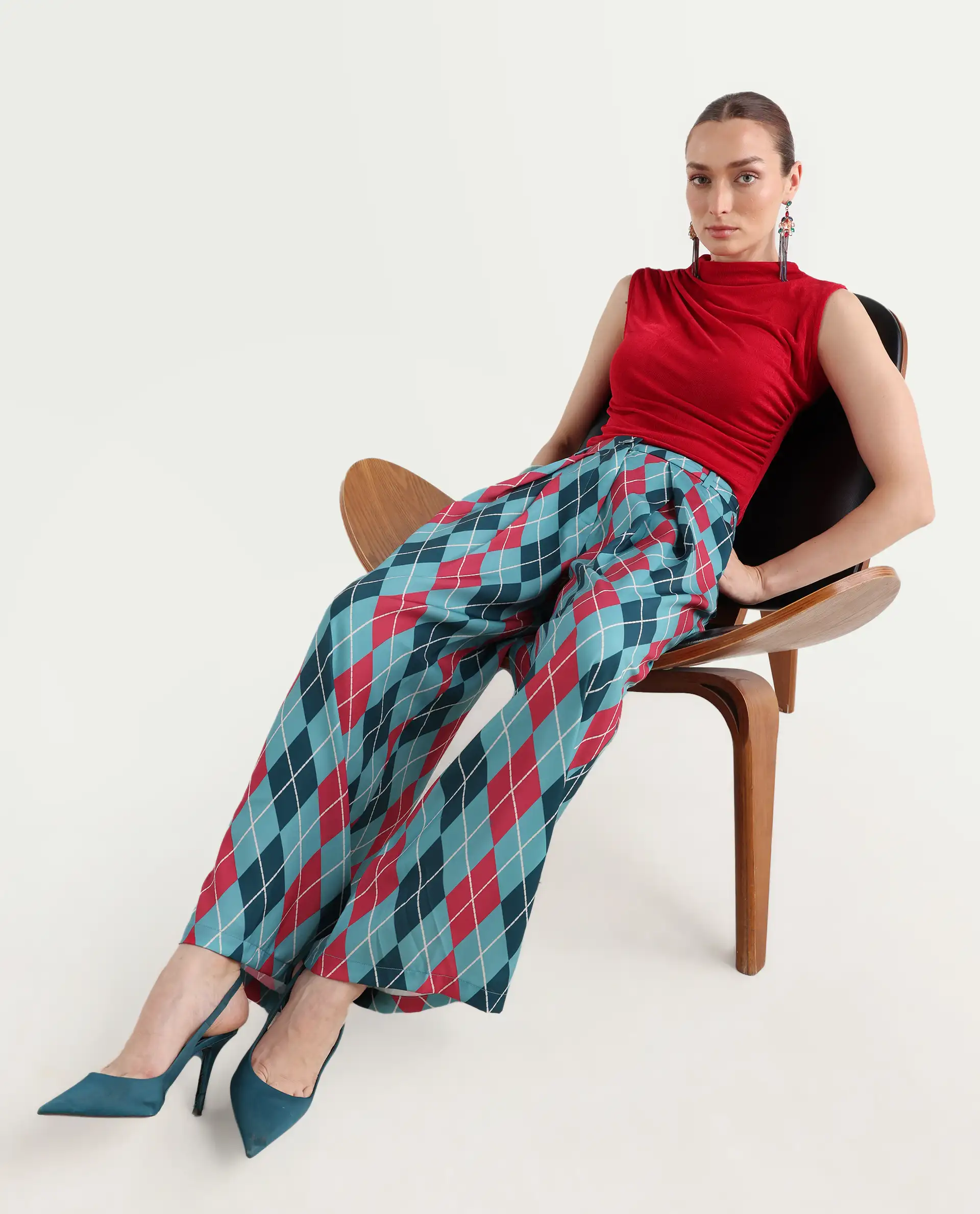 Rareism Women's Creman Multi Polyester Blend Geometric Print Ankle Length Wide Trouser - Image 2