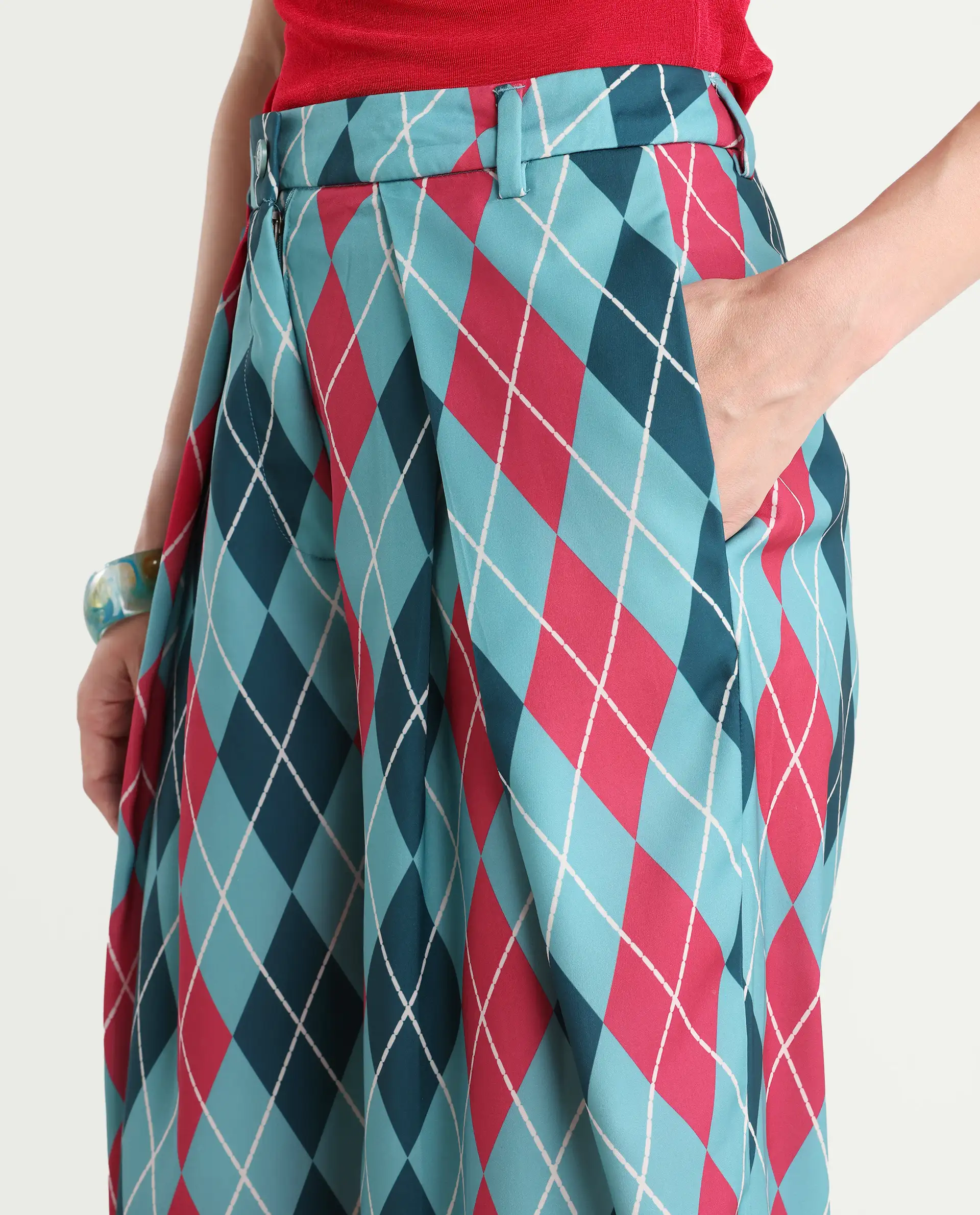 Rareism Women's Creman Multi Polyester Blend Geometric Print Ankle Length Wide Trouser - Image 5