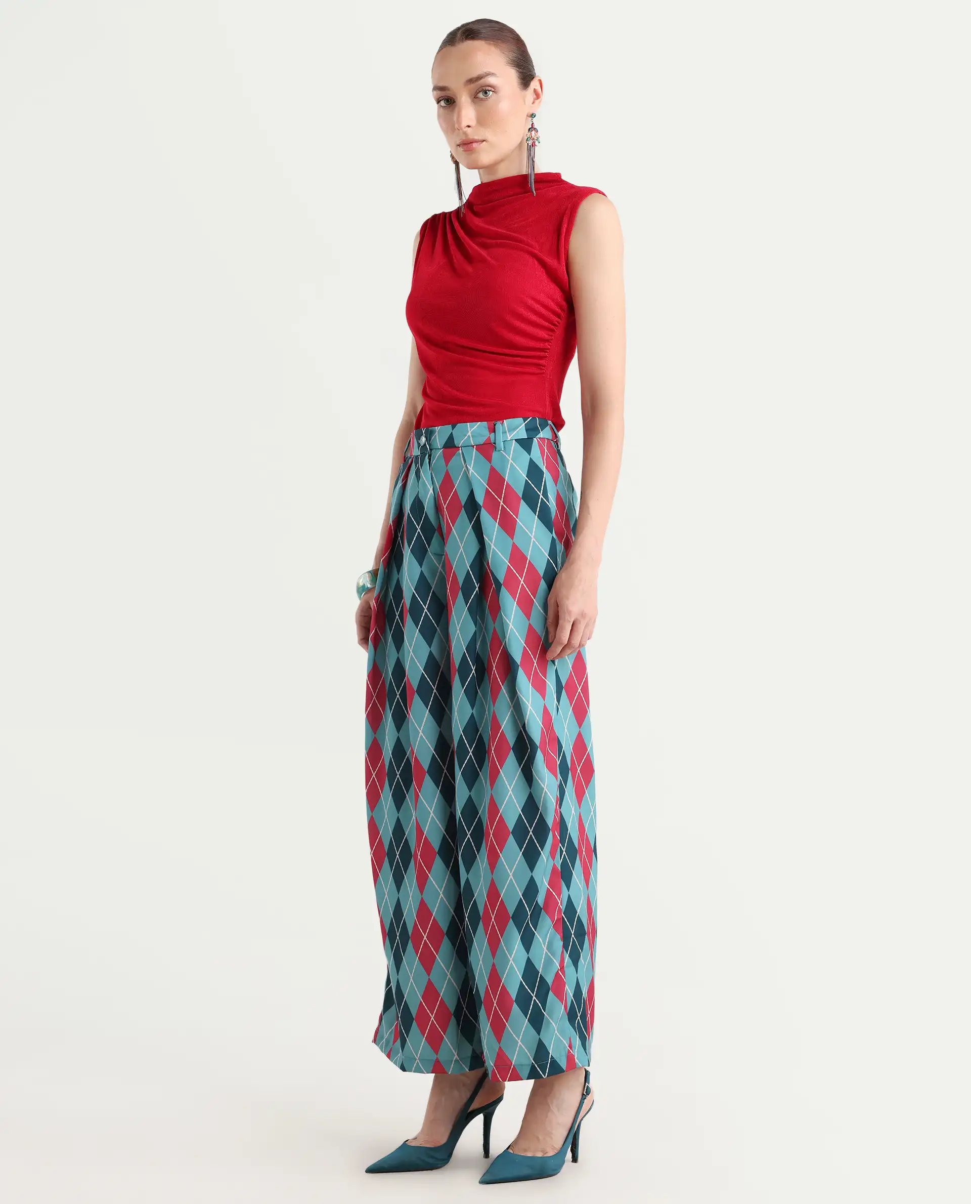 Rareism Women's Creman Multi Polyester Blend Geometric Print Ankle Length Wide Trouser - Image 7