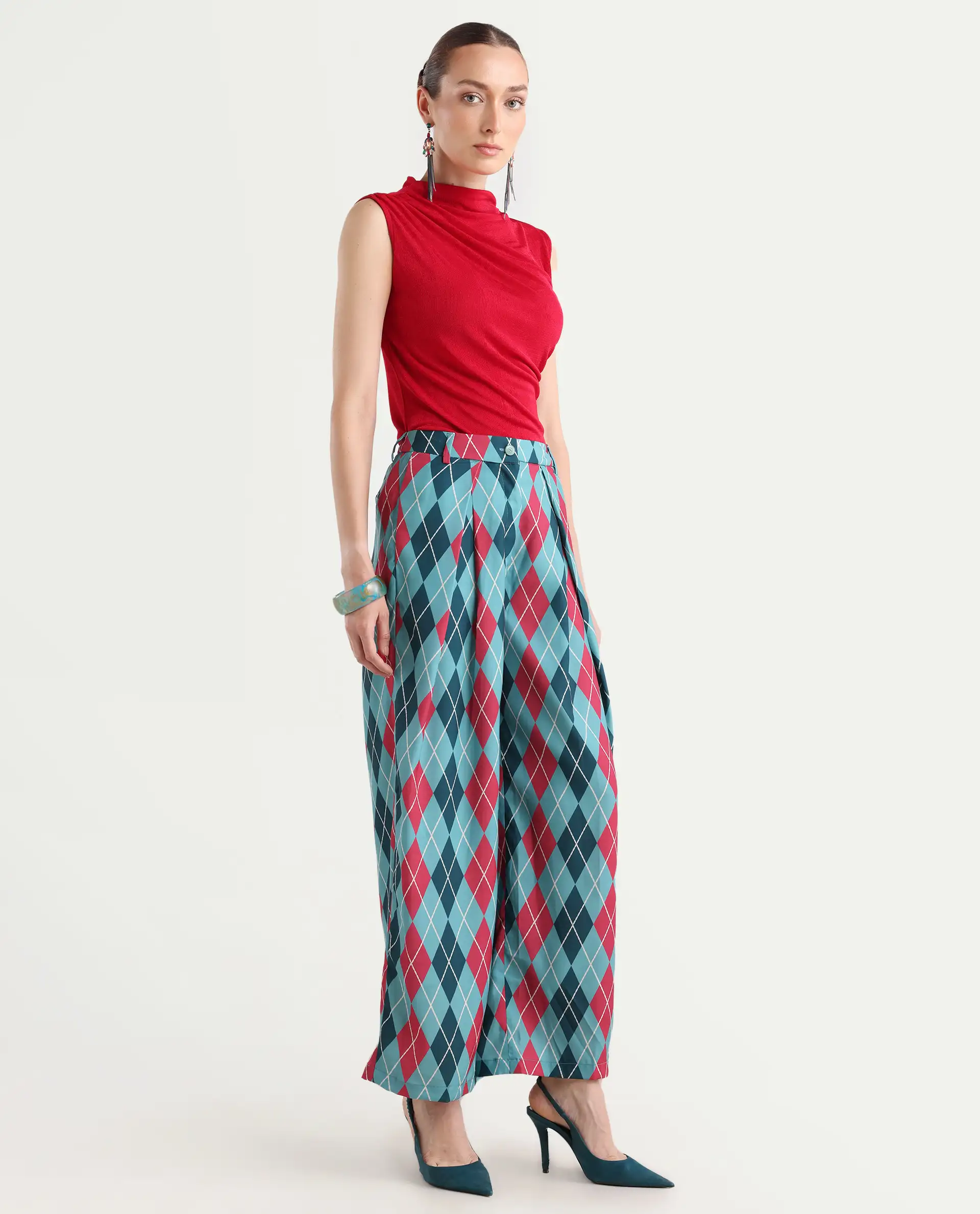Rareism Women's Creman Multi Polyester Blend Geometric Print Ankle Length Wide Trouser - Image 8