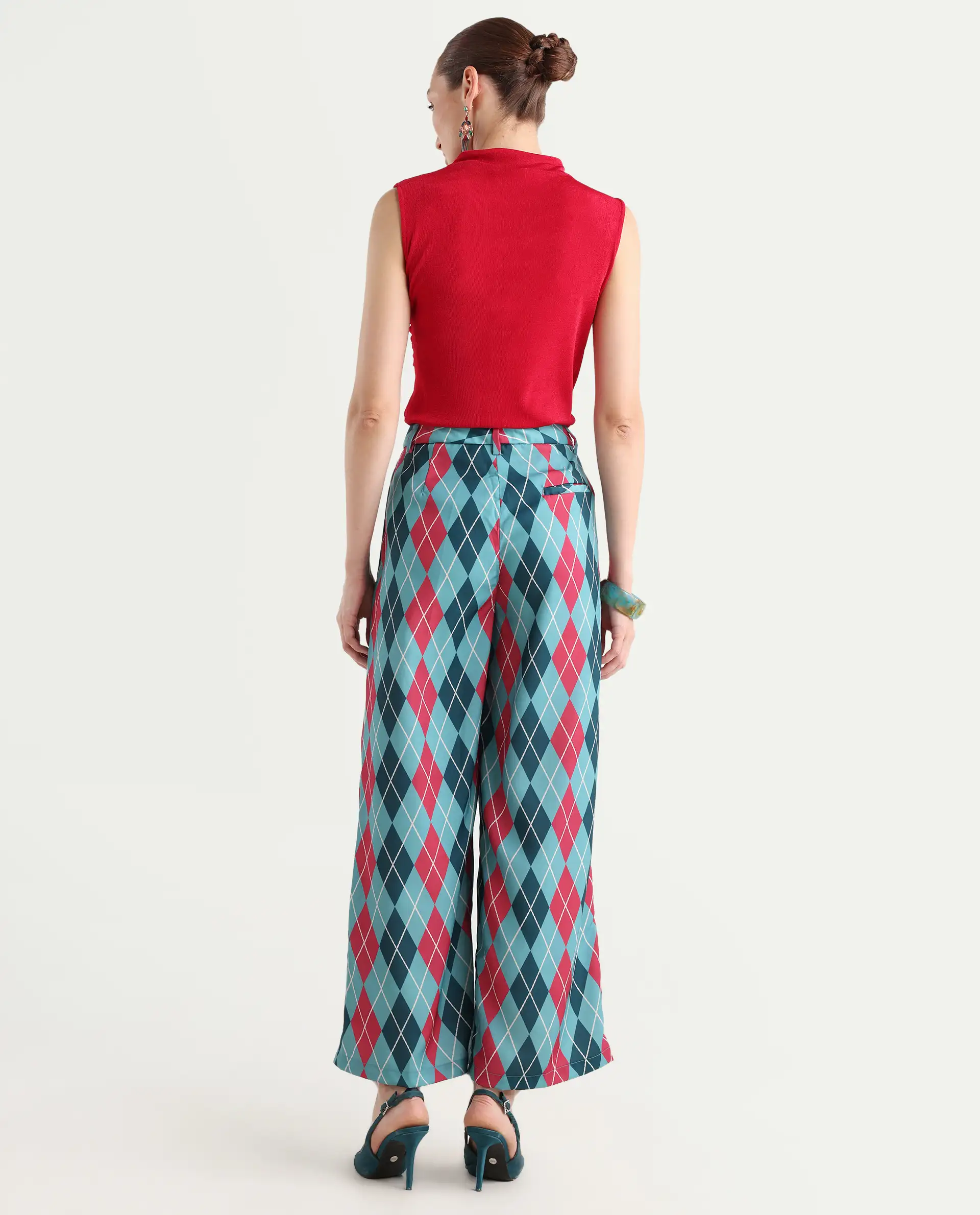 Rareism Women's Creman Multi Polyester Blend Geometric Print Ankle Length Wide Trouser - Image 9