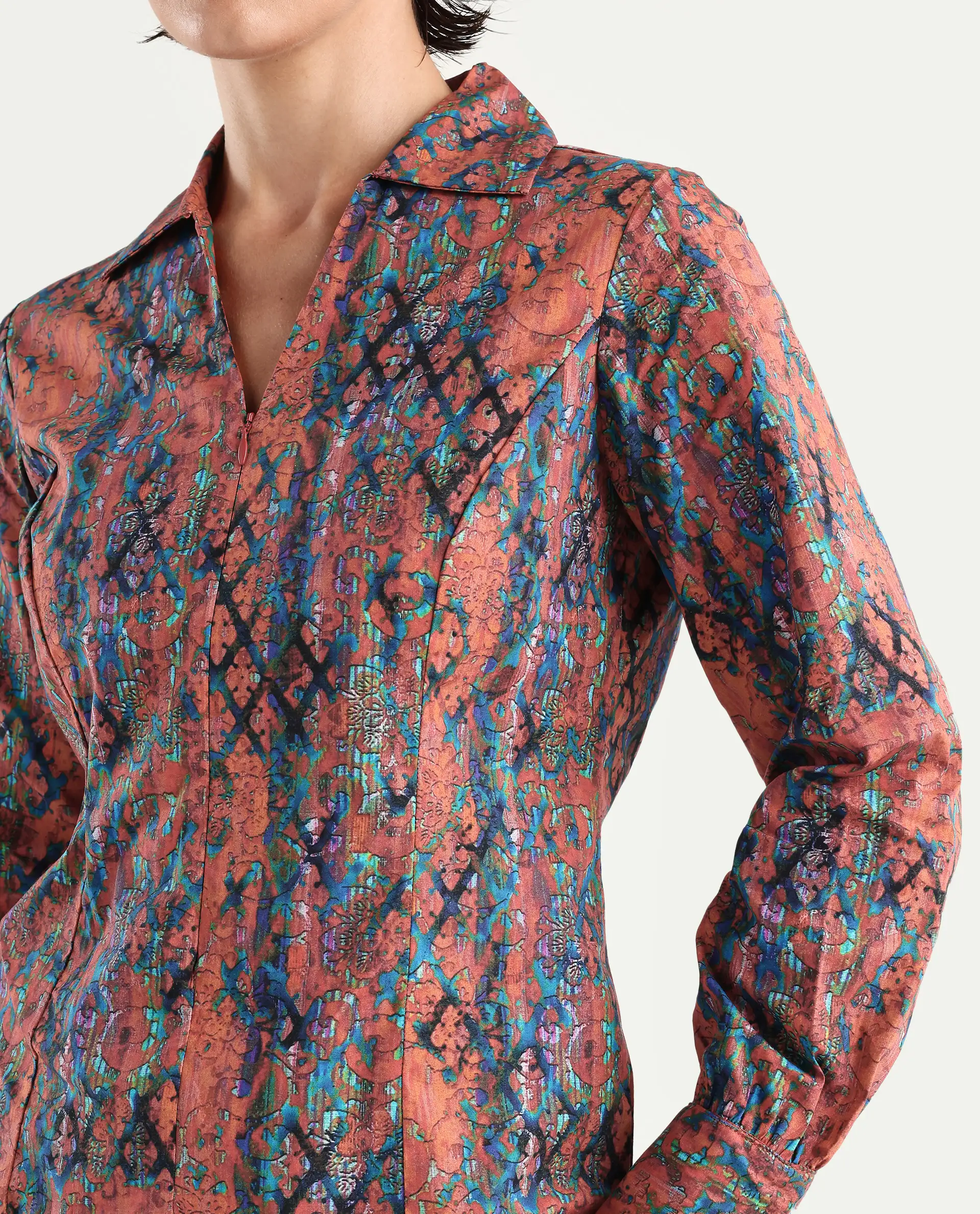 Rareism Women's Cremona Multi Cotton Johnny Collar Abstract Print Cuffed Sleeve Regular Fit Top - Image 3