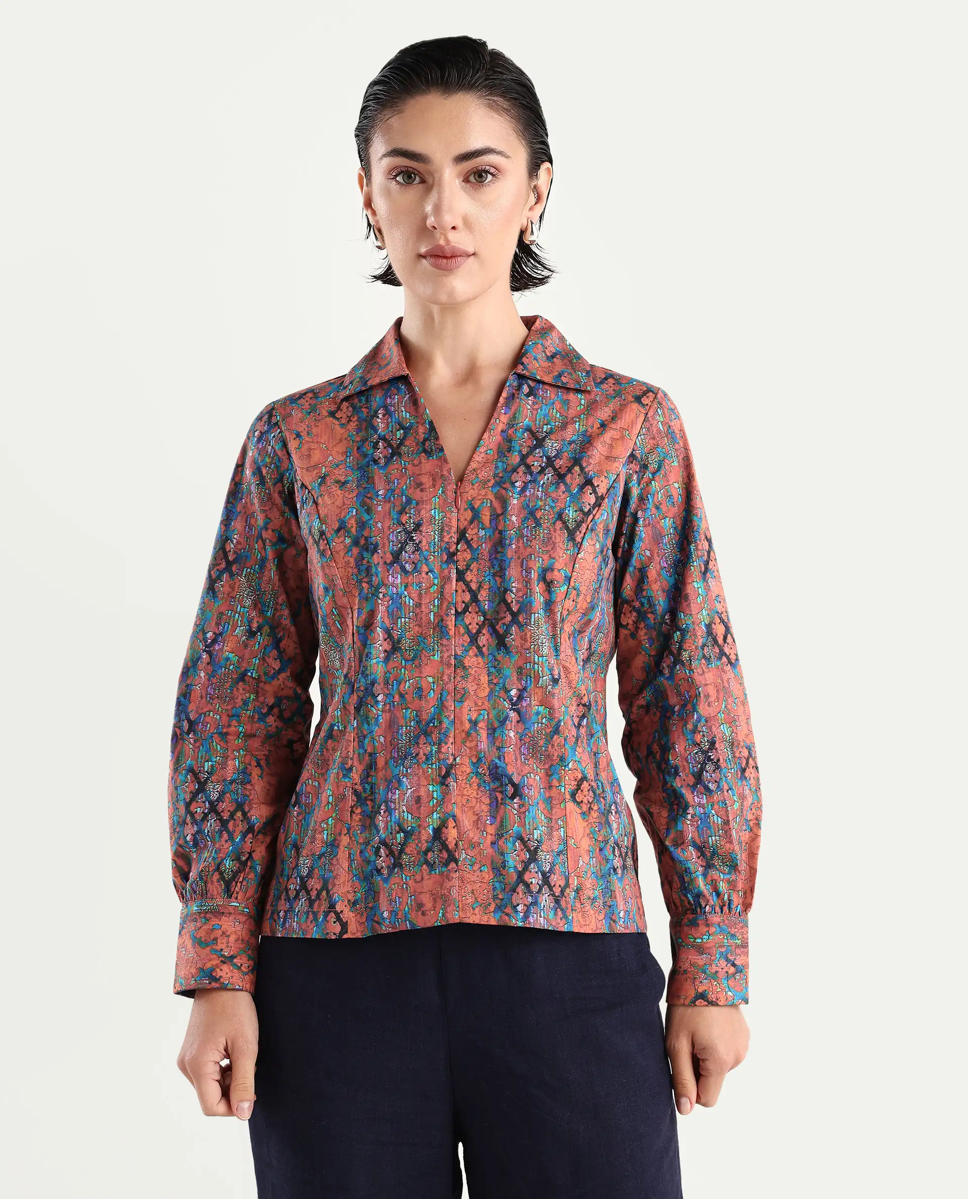 Rareism Women's Cremona Multi Cotton Johnny Collar Abstract Print Cuffed Sleeve Regular Fit Top - Image 4