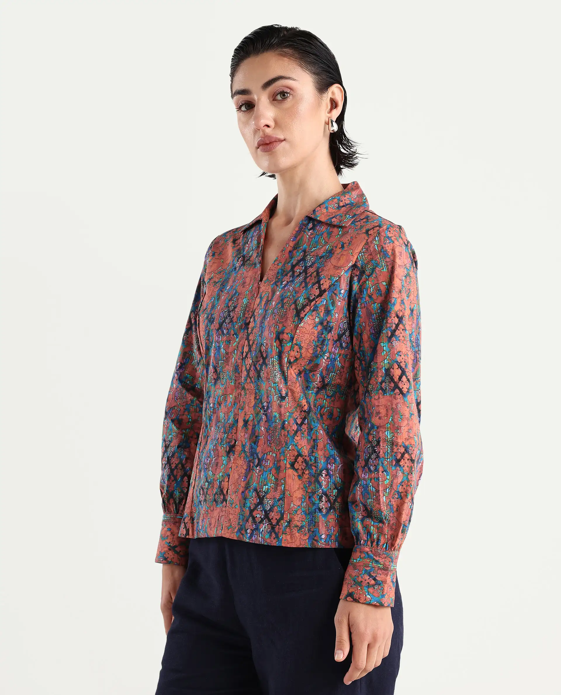 Rareism Women's Cremona Multi Cotton Johnny Collar Abstract Print Cuffed Sleeve Regular Fit Top - Image 5