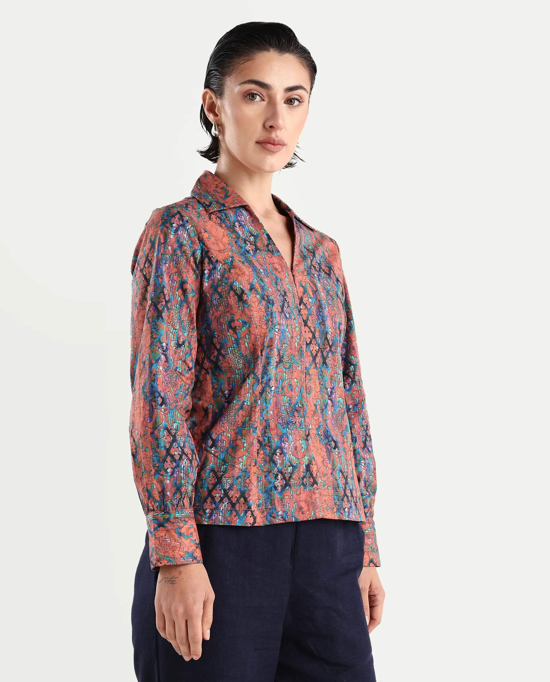 Rareism Women's Cremona Multi Cotton Johnny Collar Abstract Print Cuffed Sleeve Regular Fit Top - Image 6
