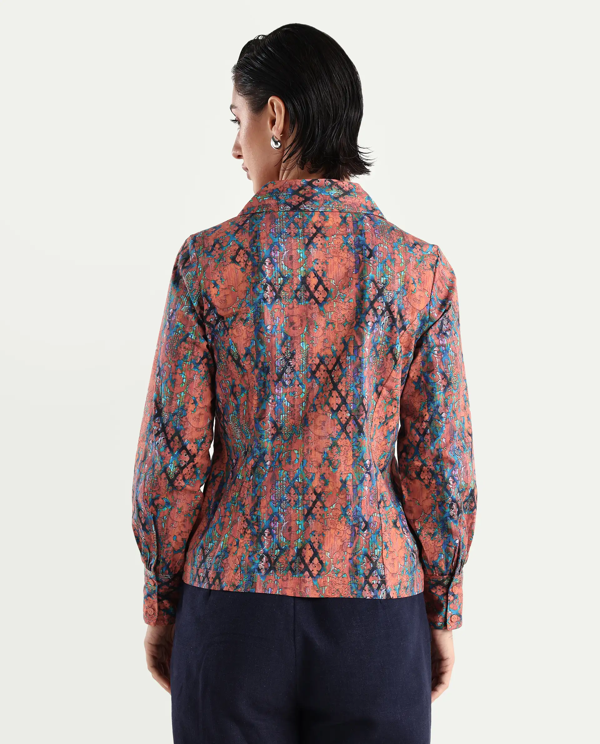 Rareism Women's Cremona Multi Cotton Johnny Collar Abstract Print Cuffed Sleeve Regular Fit Top - Image 7