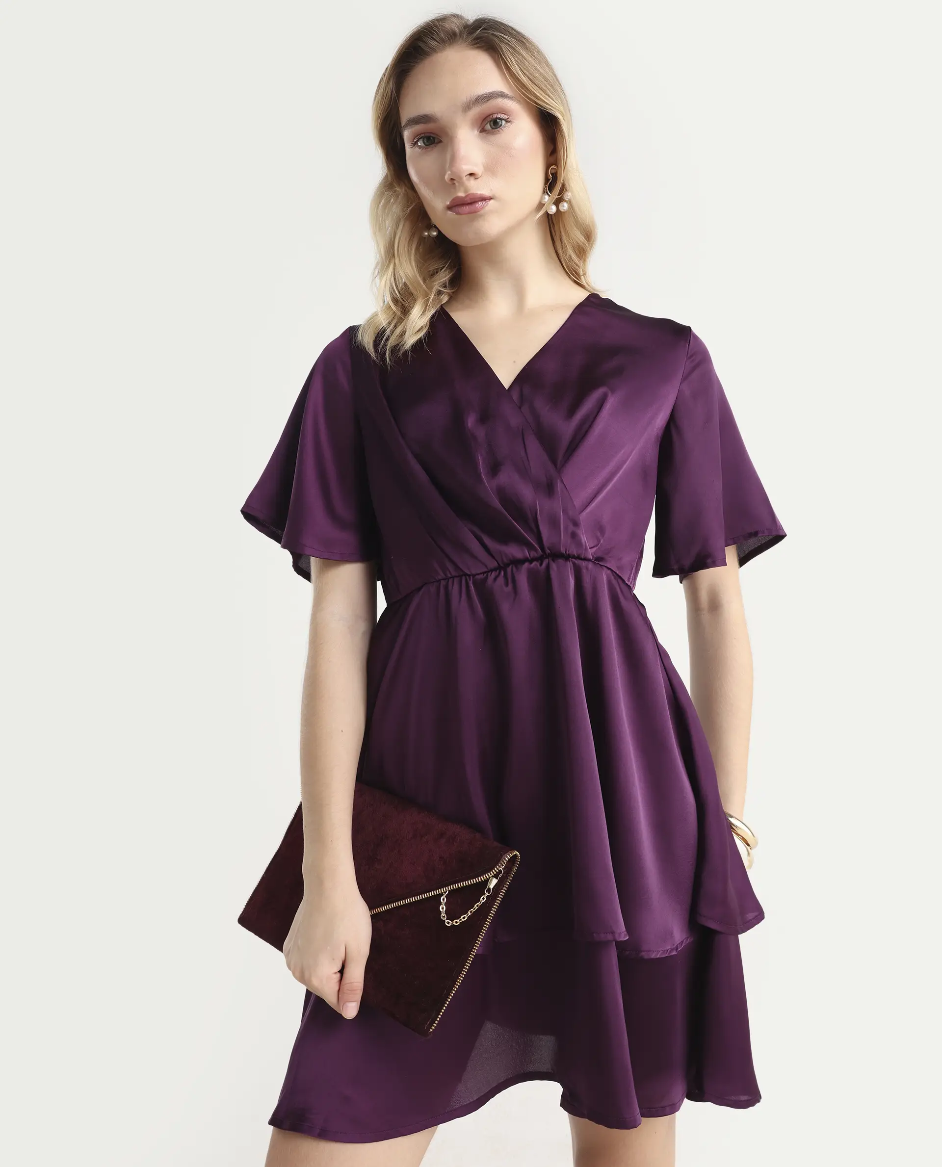 Rareism Women's Creola Dark Purple Polyester Overlap Neck Plain Mini Fit And Flare Dress