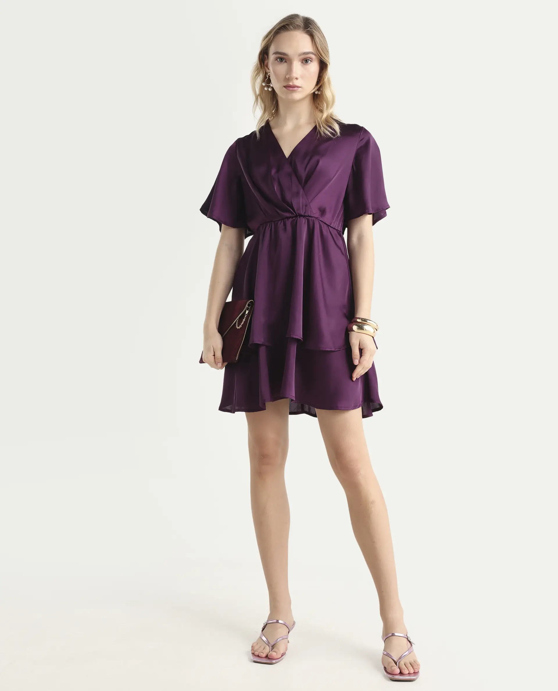 Rareism Women's Creola Dark Purple Polyester Overlap Neck Plain Mini Fit And Flare Dress - Image 2