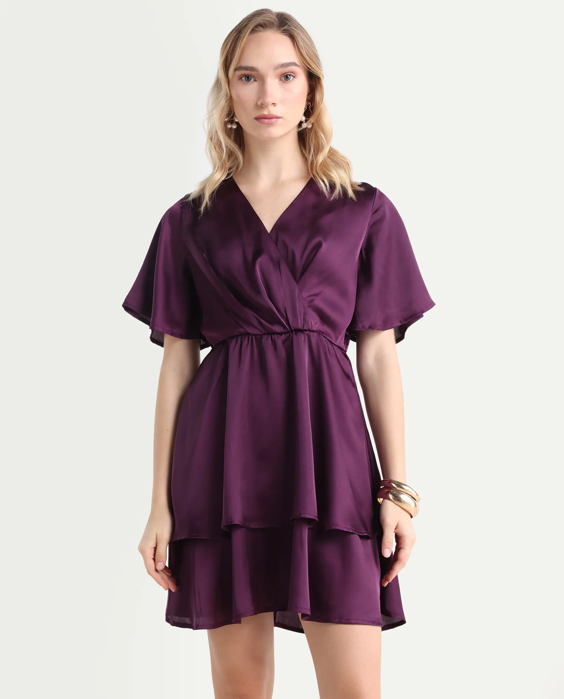 Rareism Women's Creola Dark Purple Polyester Overlap Neck Plain Mini Fit And Flare Dress - Image 3