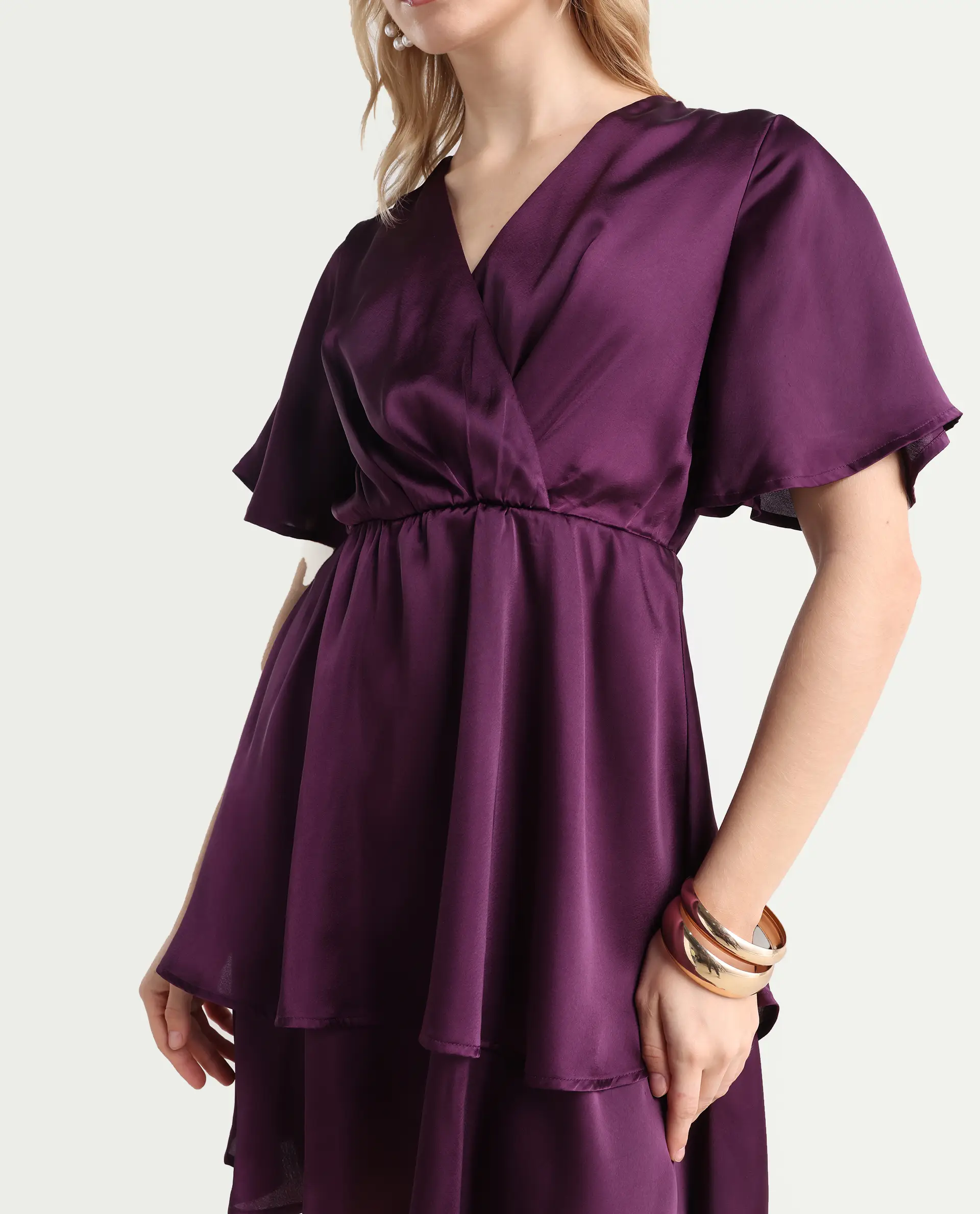 Rareism Women's Creola Dark Purple Polyester Overlap Neck Plain Mini Fit And Flare Dress - Image 4