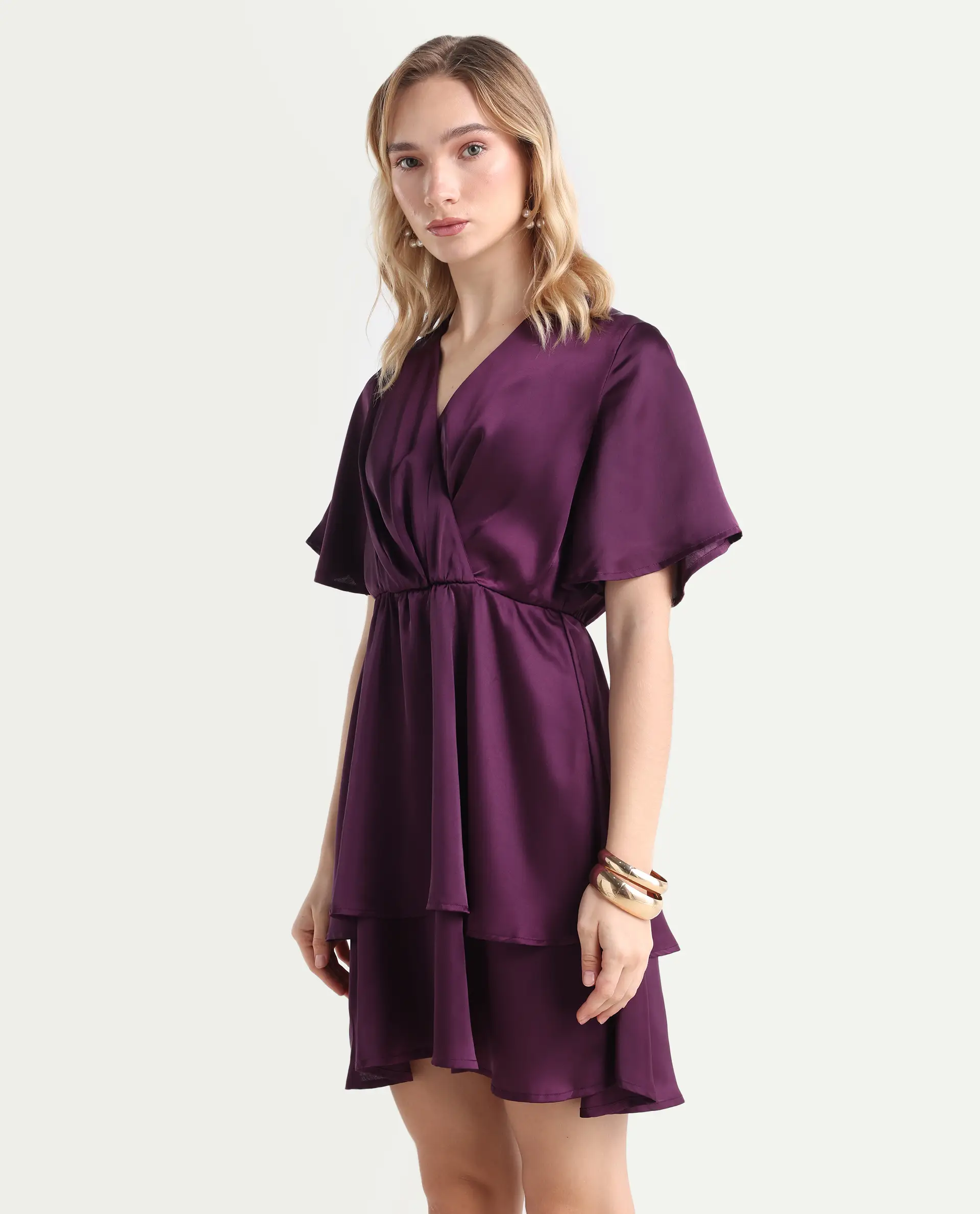 Rareism Women's Creola Dark Purple Polyester Overlap Neck Plain Mini Fit And Flare Dress - Image 5