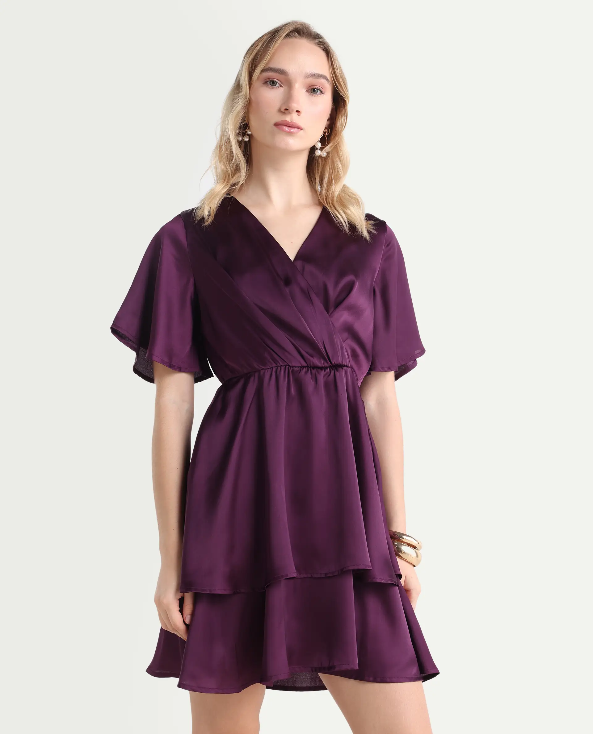 Rareism Women's Creola Dark Purple Polyester Overlap Neck Plain Mini Fit And Flare Dress - Image 6