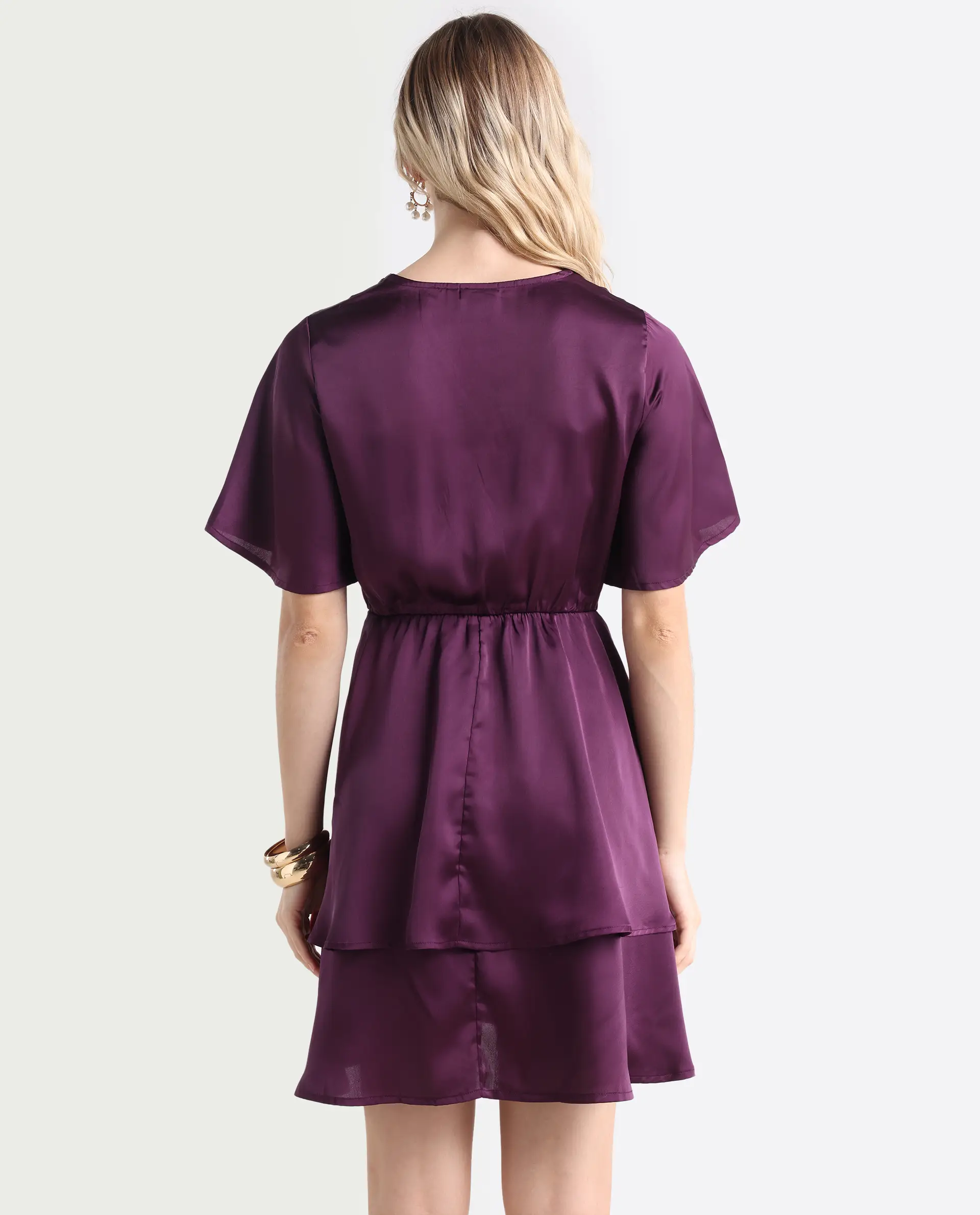 Rareism Women's Creola Dark Purple Polyester Overlap Neck Plain Mini Fit And Flare Dress - Image 7