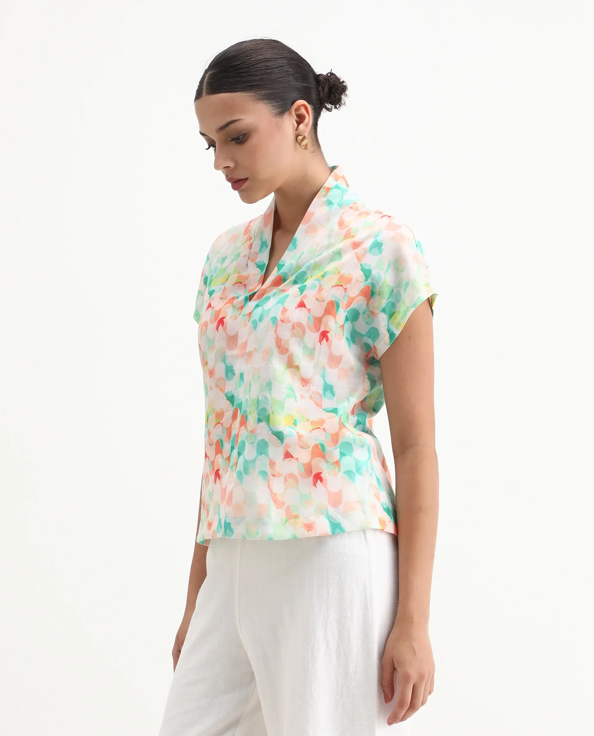Rareism Women's Crescent Flouroscent Multi Linen Collarless Geometric Print Extended Sleeves Regular Fit Top - Image 4