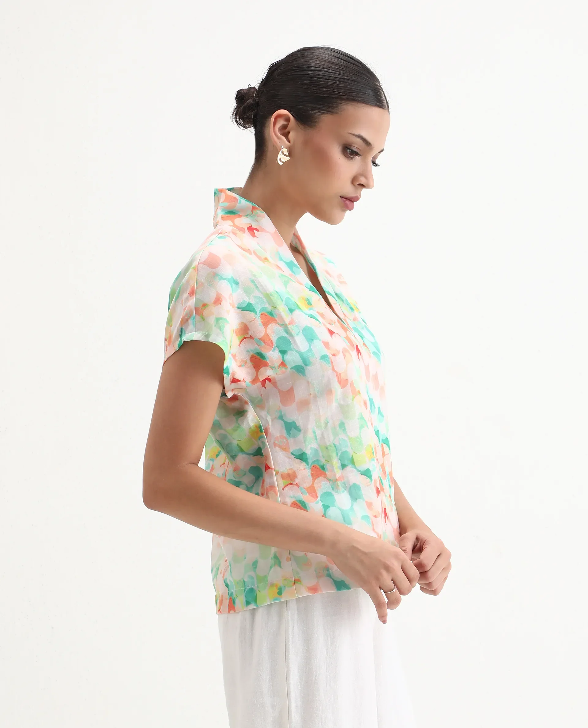 Rareism Women's Crescent Flouroscent Multi Linen Collarless Geometric Print Extended Sleeves Regular Fit Top - Image 5