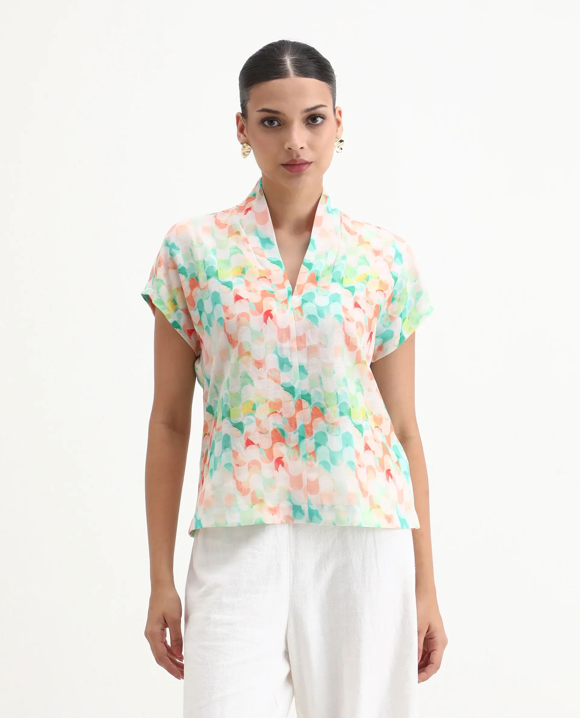 Rareism Women's Crescent Flouroscent Multi Linen Collarless Geometric Print Extended Sleeves Regular Fit Top - Image 6