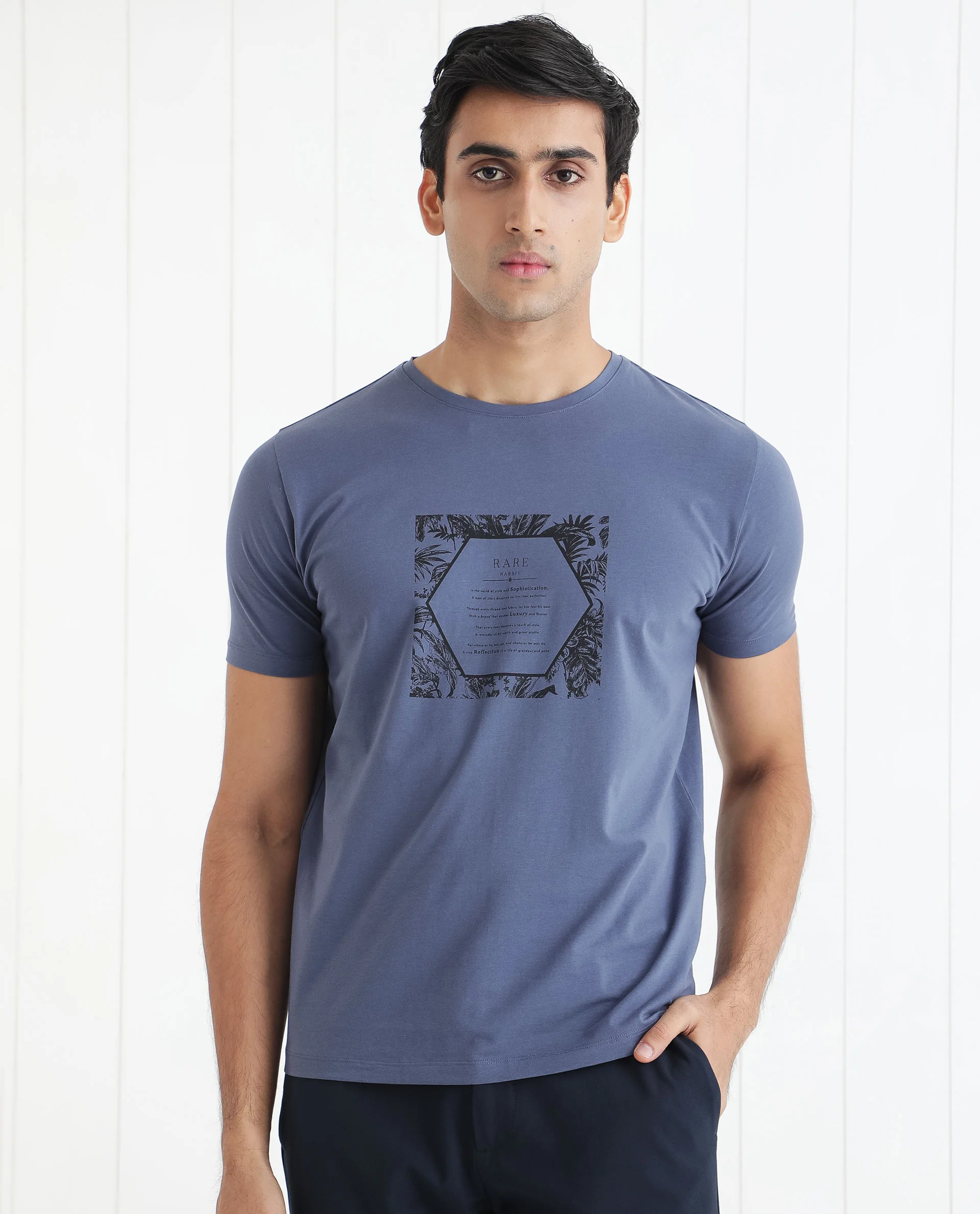 Rare Rabbit Men's Creswen Blue Graphic Print Boxy Fit Half Sleeve Crew Neck T-Shirt