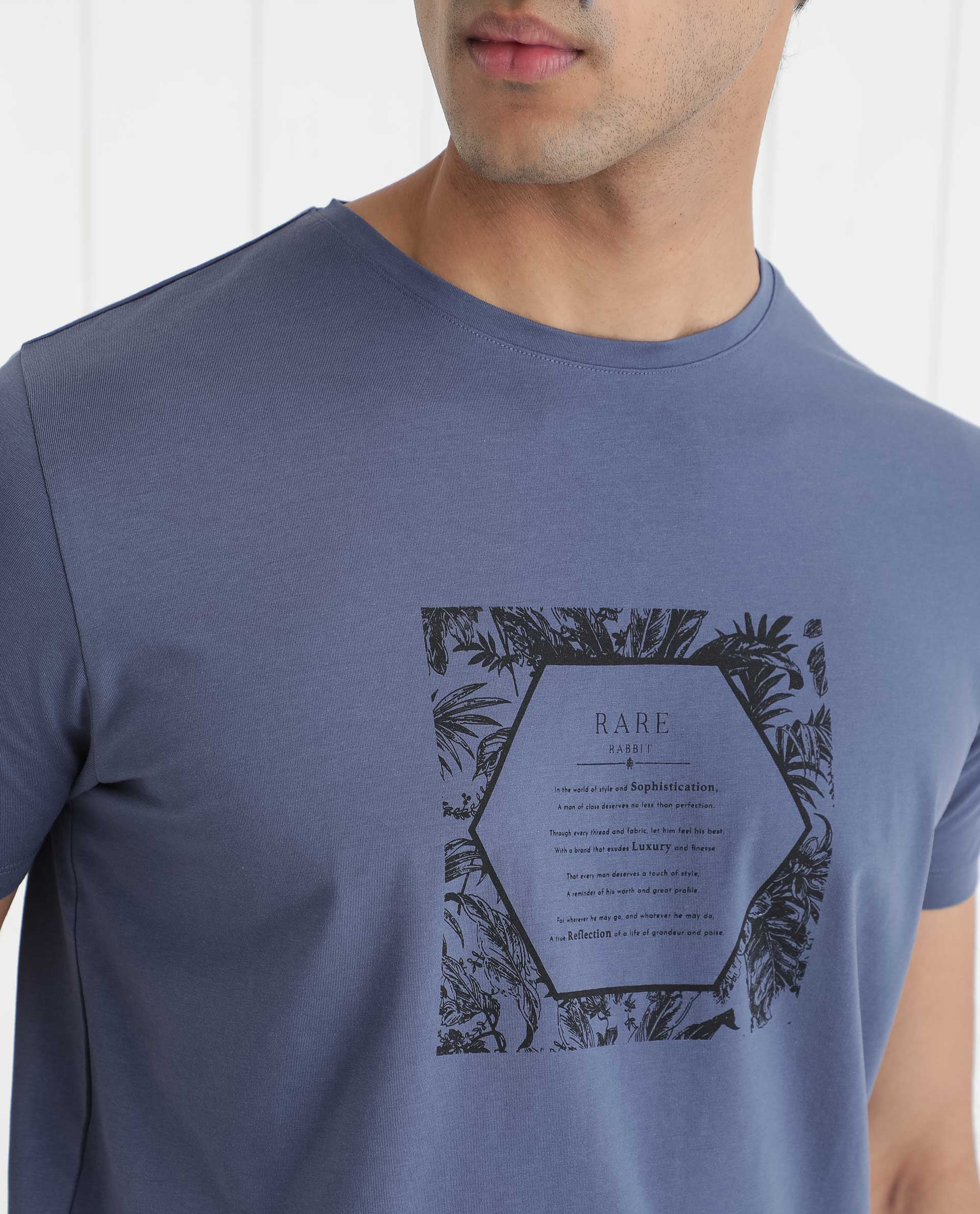 Rare Rabbit Men's Creswen Blue Graphic Print Boxy Fit Half Sleeve Crew Neck T-Shirt - Image 2