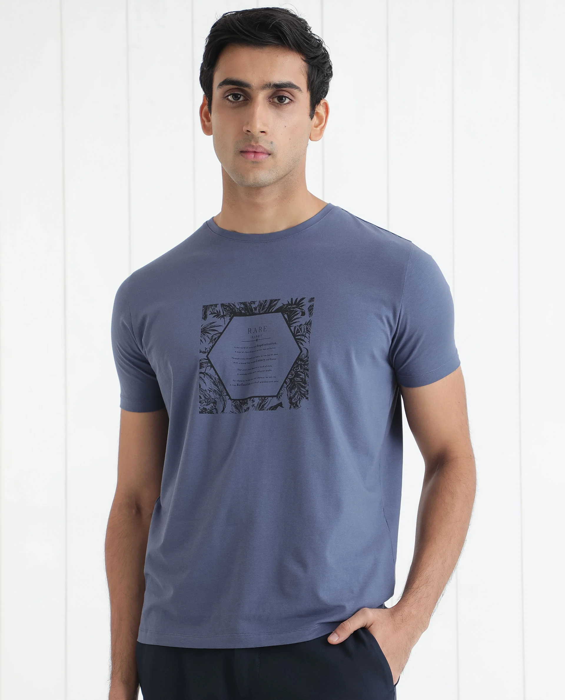 Rare Rabbit Men's Creswen Blue Graphic Print Boxy Fit Half Sleeve Crew Neck T-Shirt - Image 3