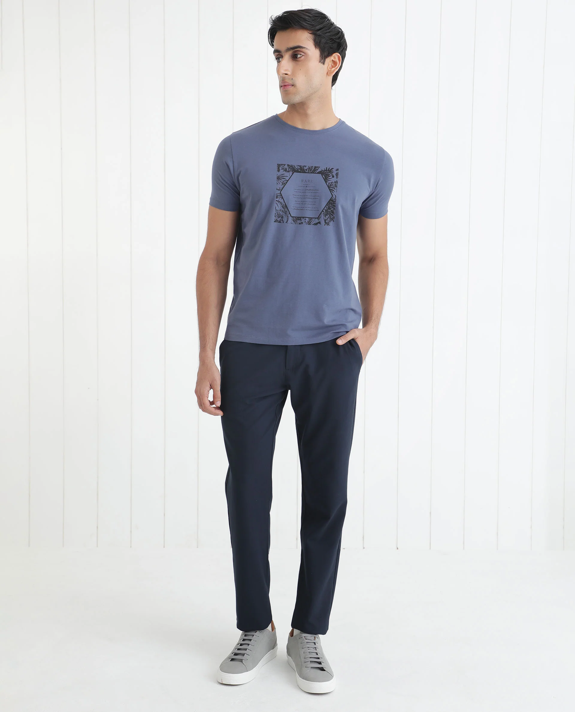 Rare Rabbit Men's Creswen Blue Graphic Print Boxy Fit Half Sleeve Crew Neck T-Shirt - Image 4