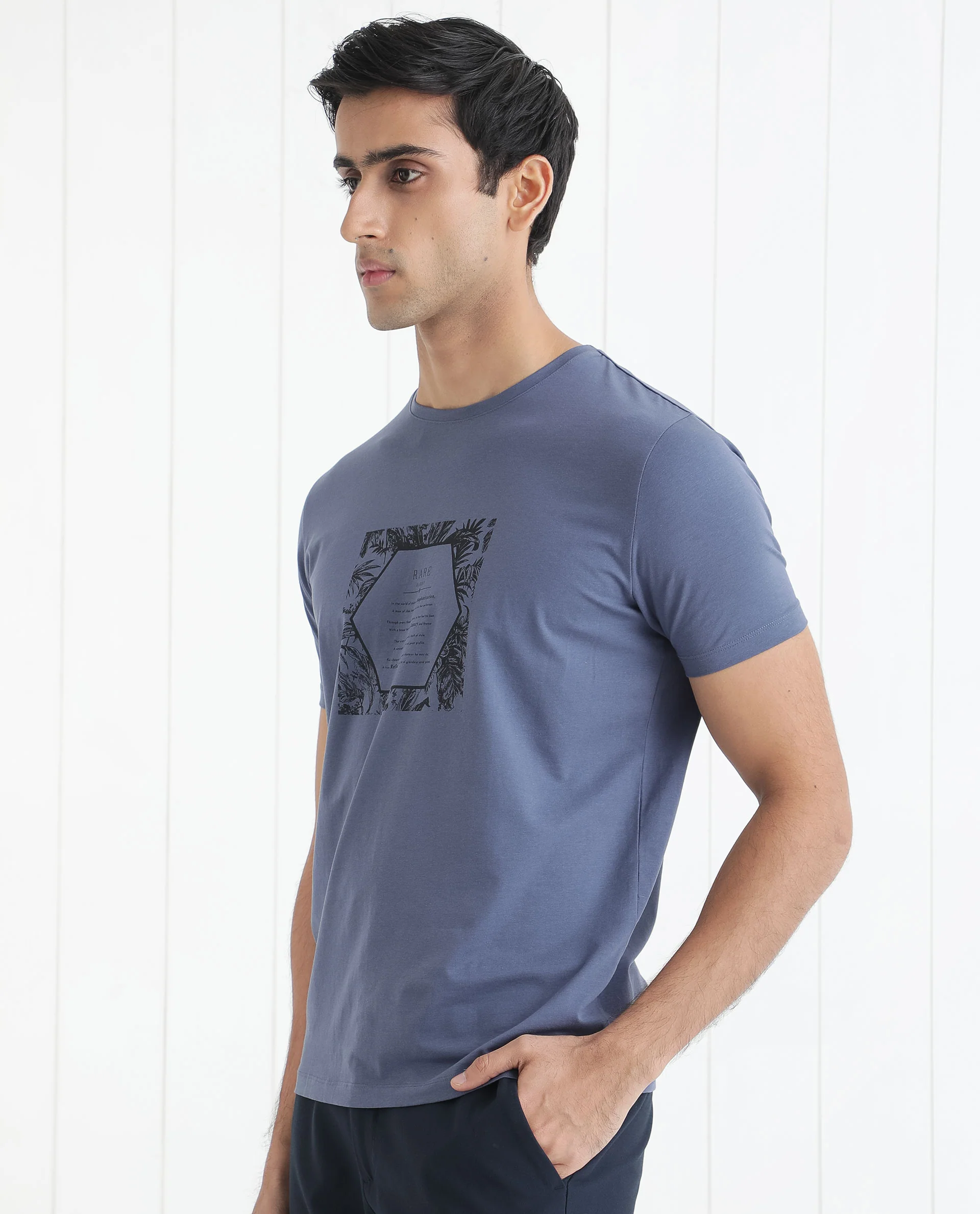 Rare Rabbit Men's Creswen Blue Graphic Print Boxy Fit Half Sleeve Crew Neck T-Shirt - Image 5