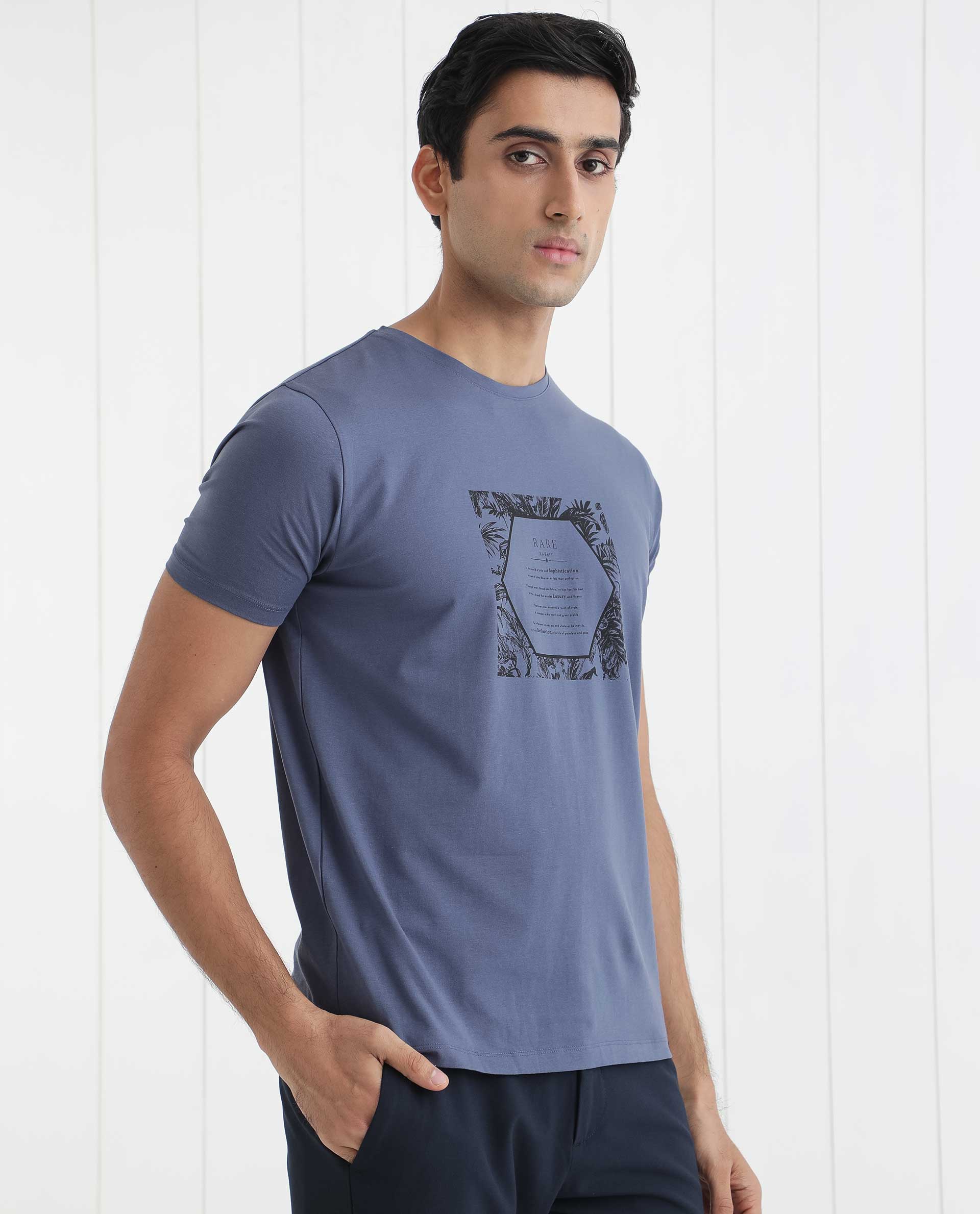 Rare Rabbit Men's Creswen Blue Graphic Print Boxy Fit Half Sleeve Crew Neck T-Shirt - Image 6