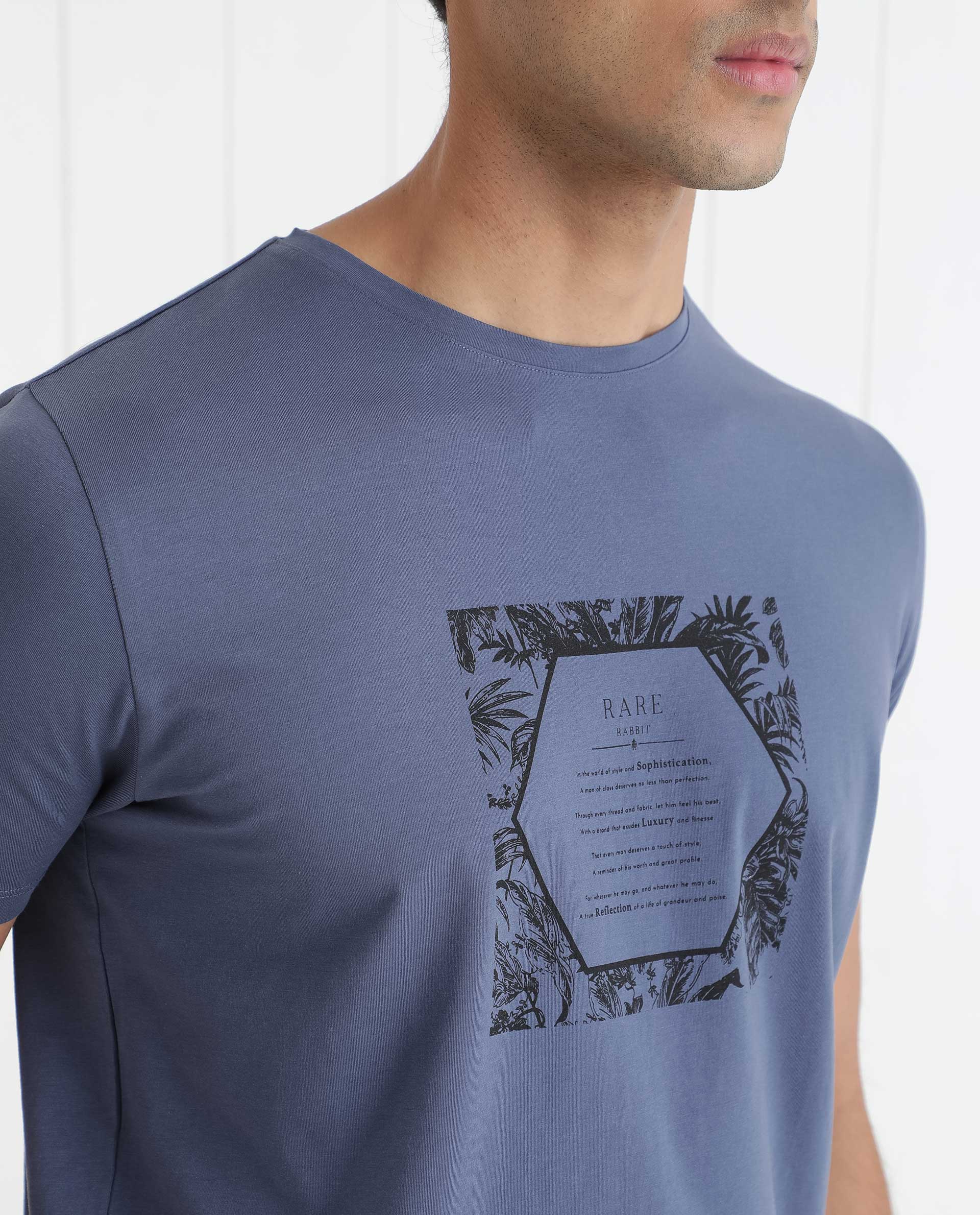 Rare Rabbit Men's Creswen Blue Graphic Print Boxy Fit Half Sleeve Crew Neck T-Shirt - Image 8