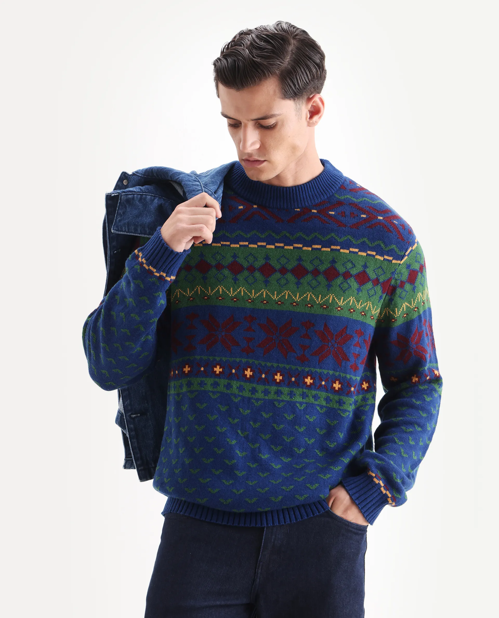 Rare Rabbit Men's Cri Blue Acrylic Fabric Full Sleeve Crew Neck Ombre Sweater