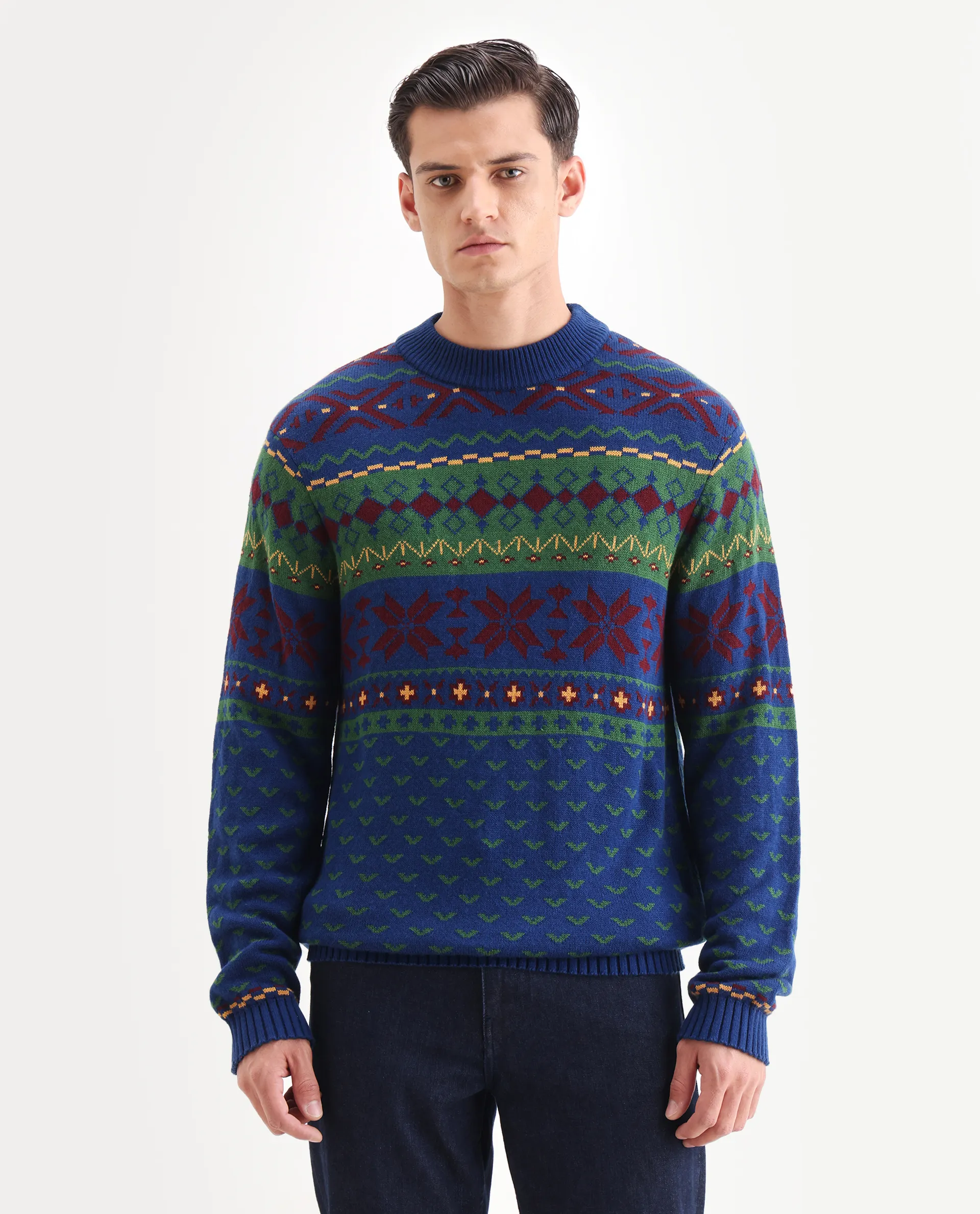Rare Rabbit Men's Cri Blue Acrylic Fabric Full Sleeve Crew Neck Ombre Sweater - Image 4