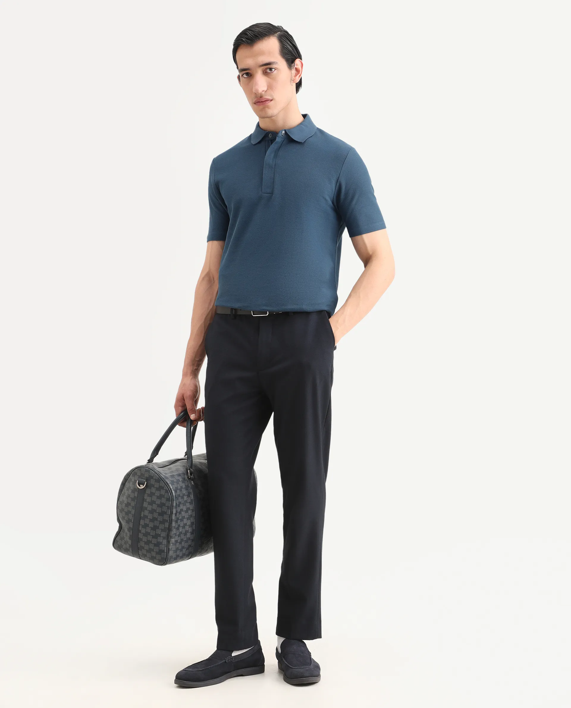 Rare Rabbit Men's Crin Blue Cotton Plain Regular Fit Half Sleeve Polo - Image 2