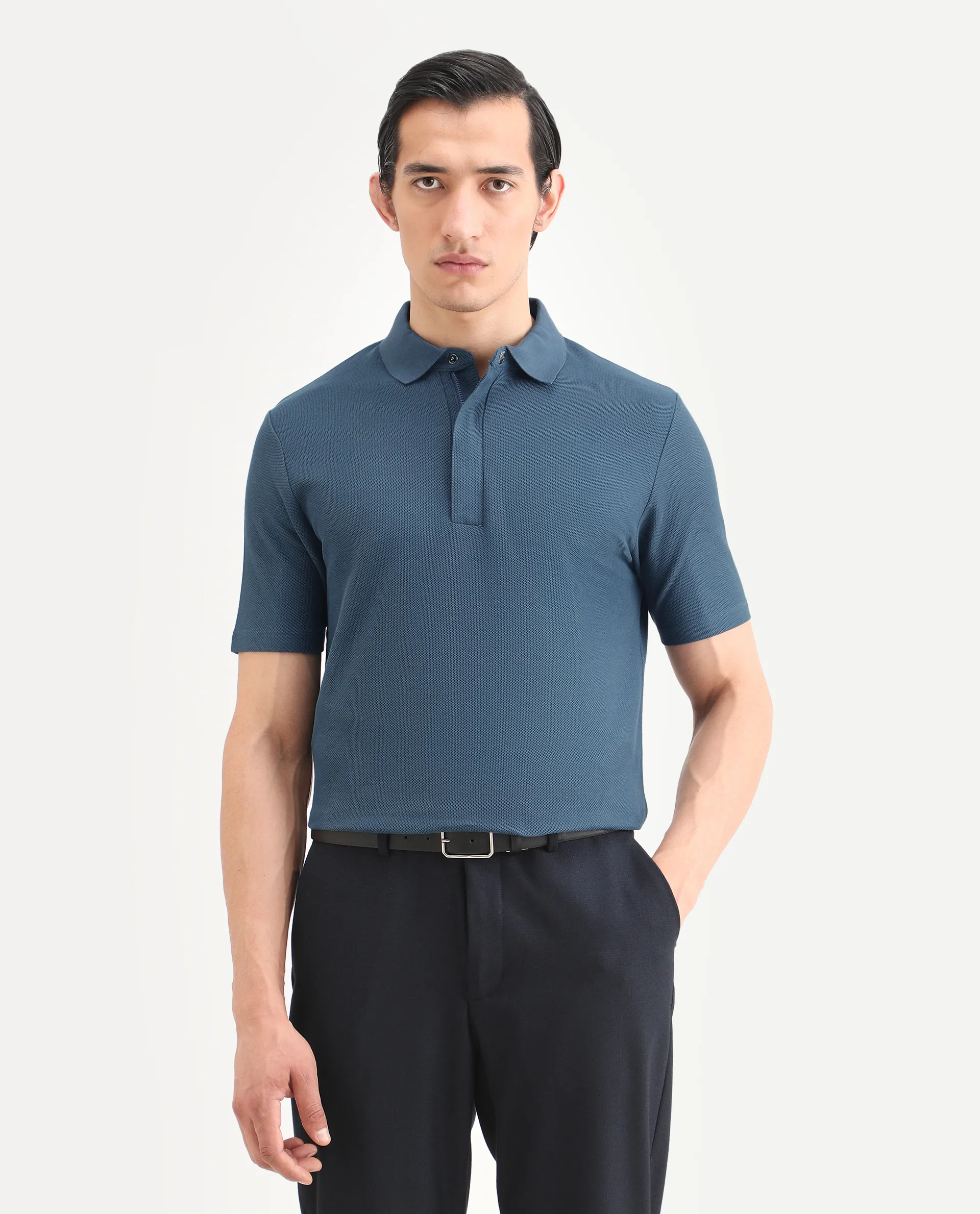 Rare Rabbit Men's Crin Blue Cotton Plain Regular Fit Half Sleeve Polo - Image 3