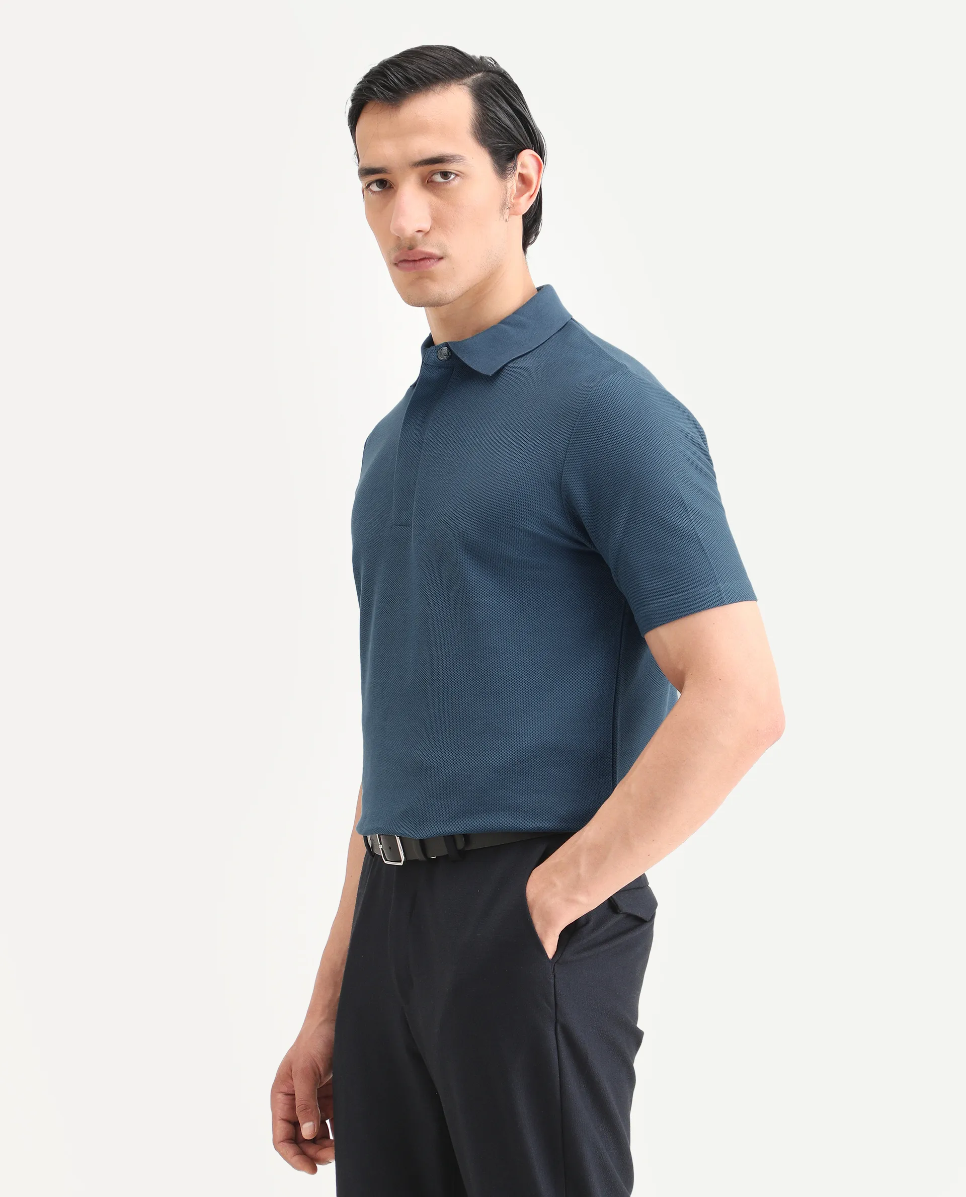 Rare Rabbit Men's Crin Blue Cotton Plain Regular Fit Half Sleeve Polo - Image 5