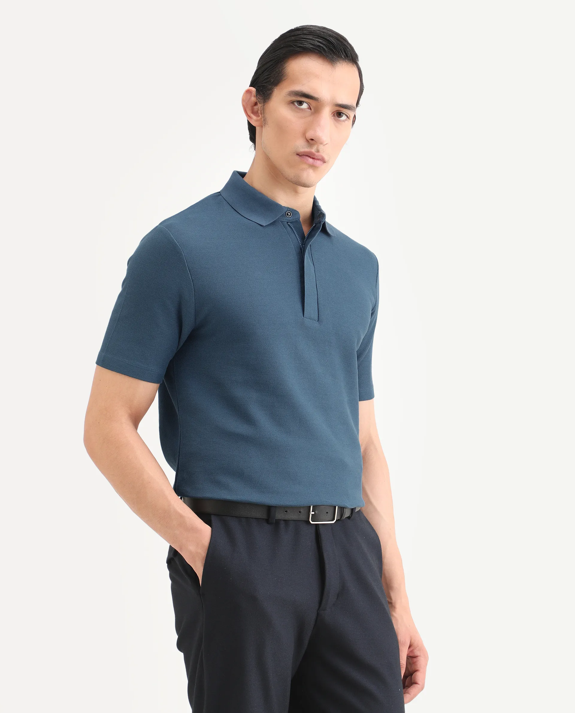 Rare Rabbit Men's Crin Blue Cotton Plain Regular Fit Half Sleeve Polo - Image 6