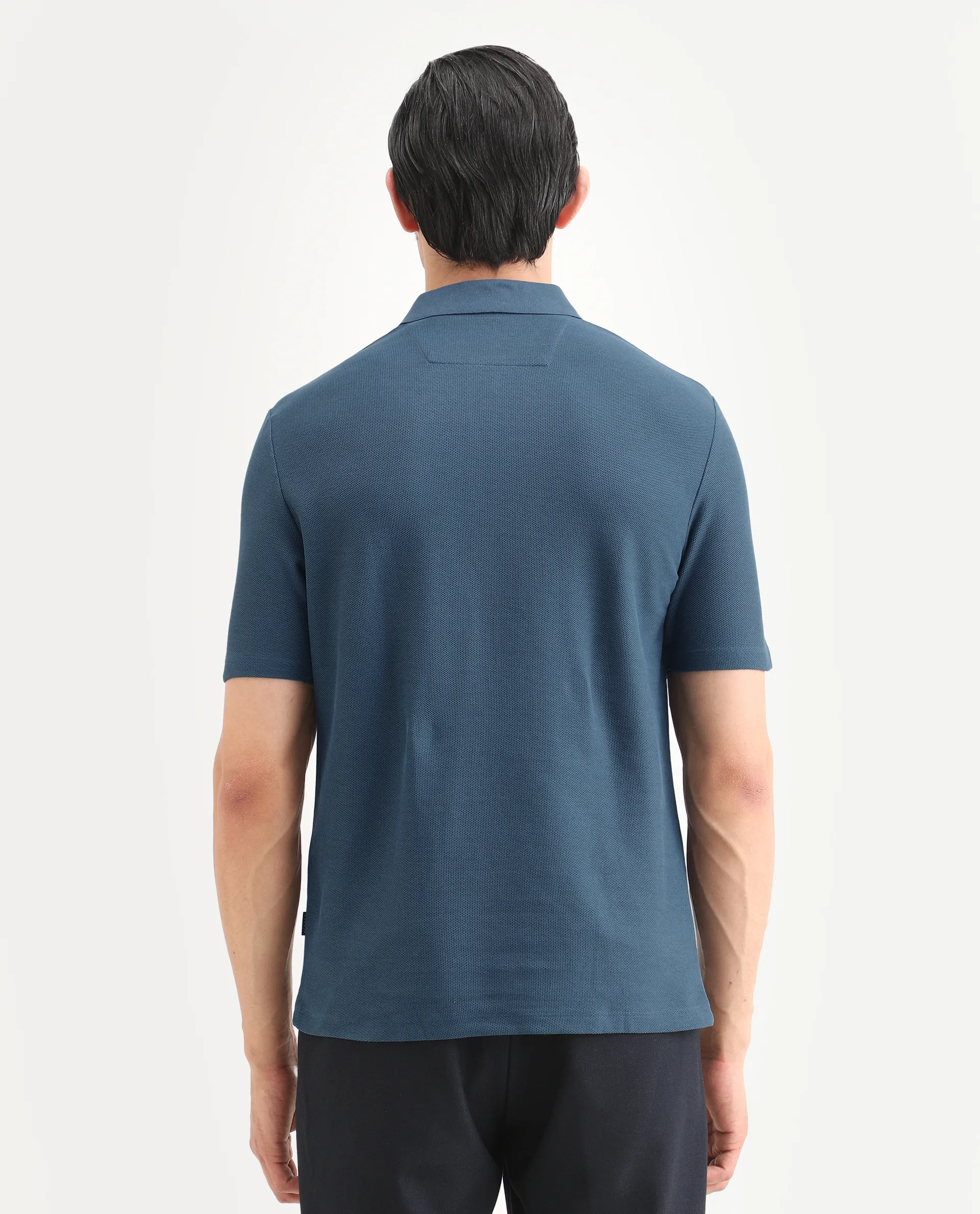 Rare Rabbit Men's Crin Blue Cotton Plain Regular Fit Half Sleeve Polo - Image 7