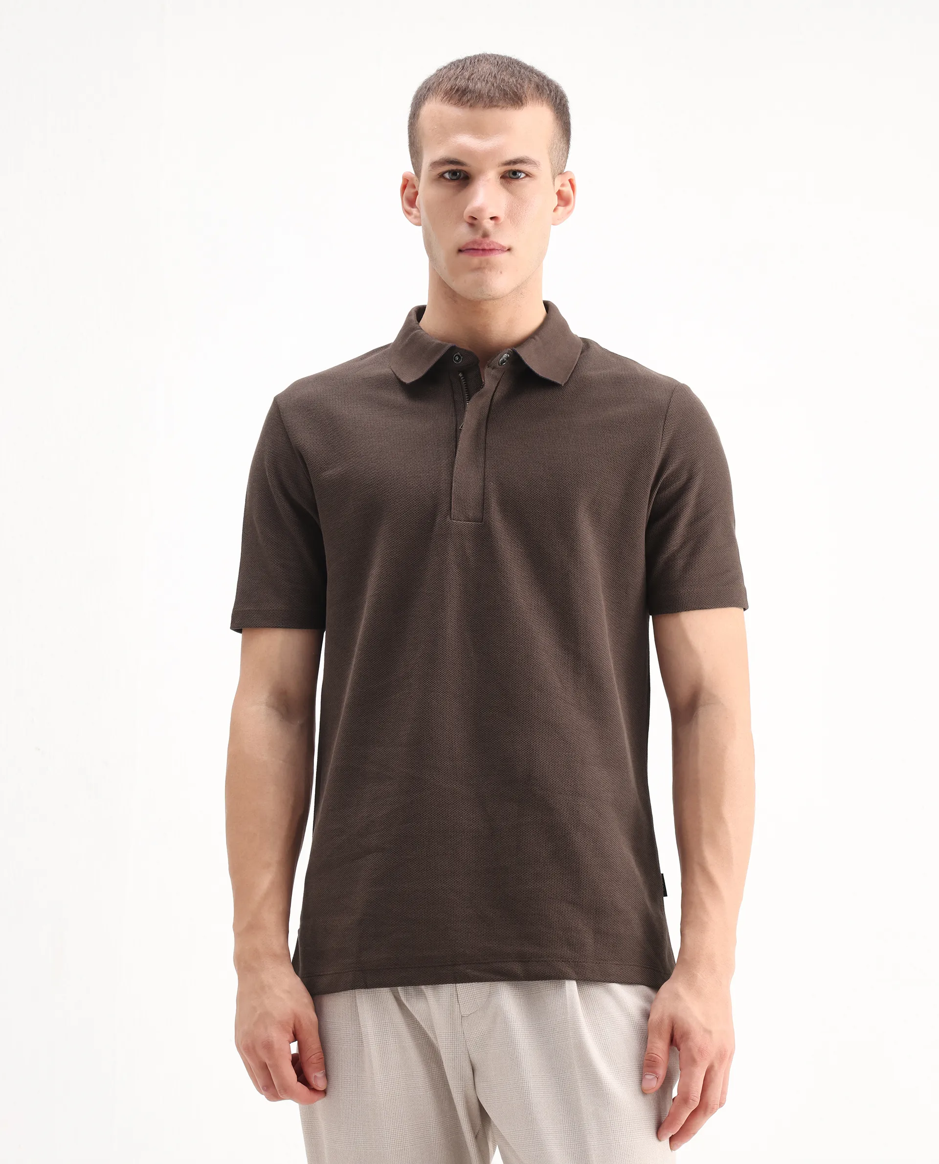 Rare Rabbit Men's Crin Brown Cotton Plain Regular Fit Half Sleeve Polo - Image 3