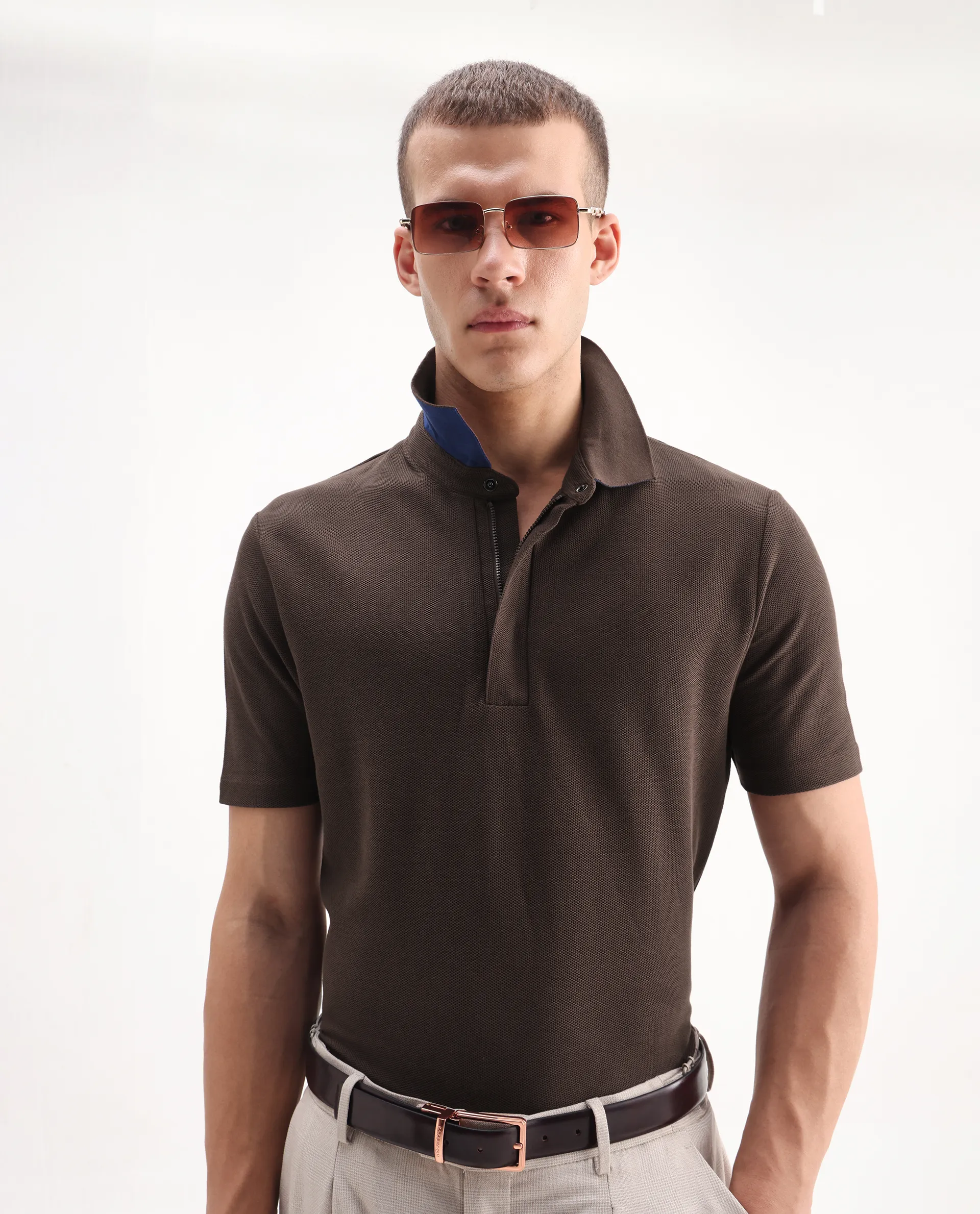 Rare Rabbit Men's Crin Brown Cotton Plain Regular Fit Half Sleeve Polo - Image 4