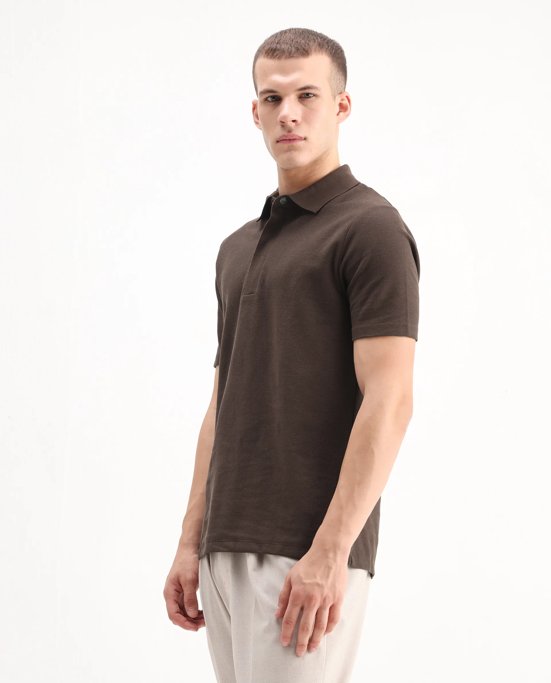 Rare Rabbit Men's Crin Brown Cotton Plain Regular Fit Half Sleeve Polo - Image 6