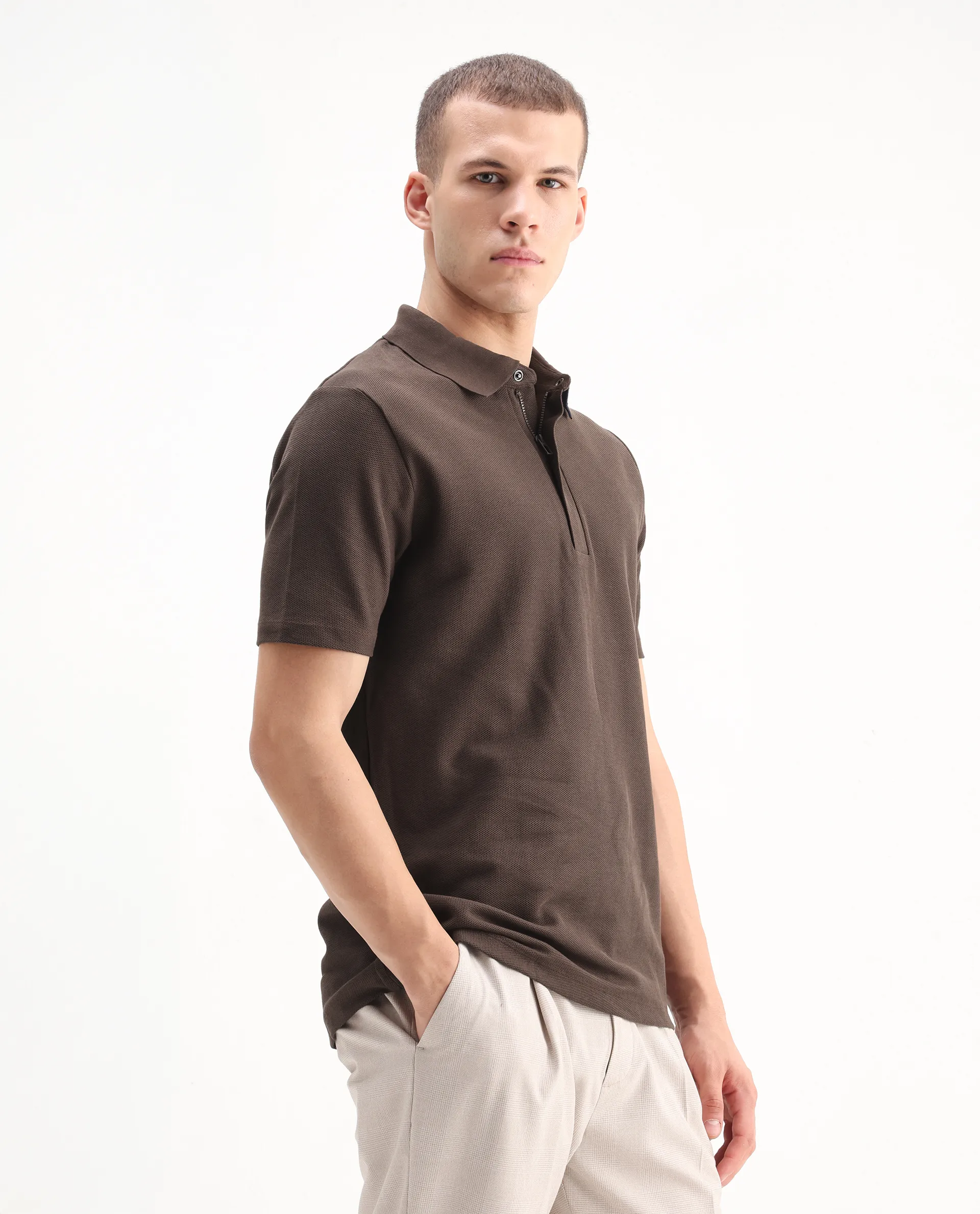 Rare Rabbit Men's Crin Brown Cotton Plain Regular Fit Half Sleeve Polo - Image 7