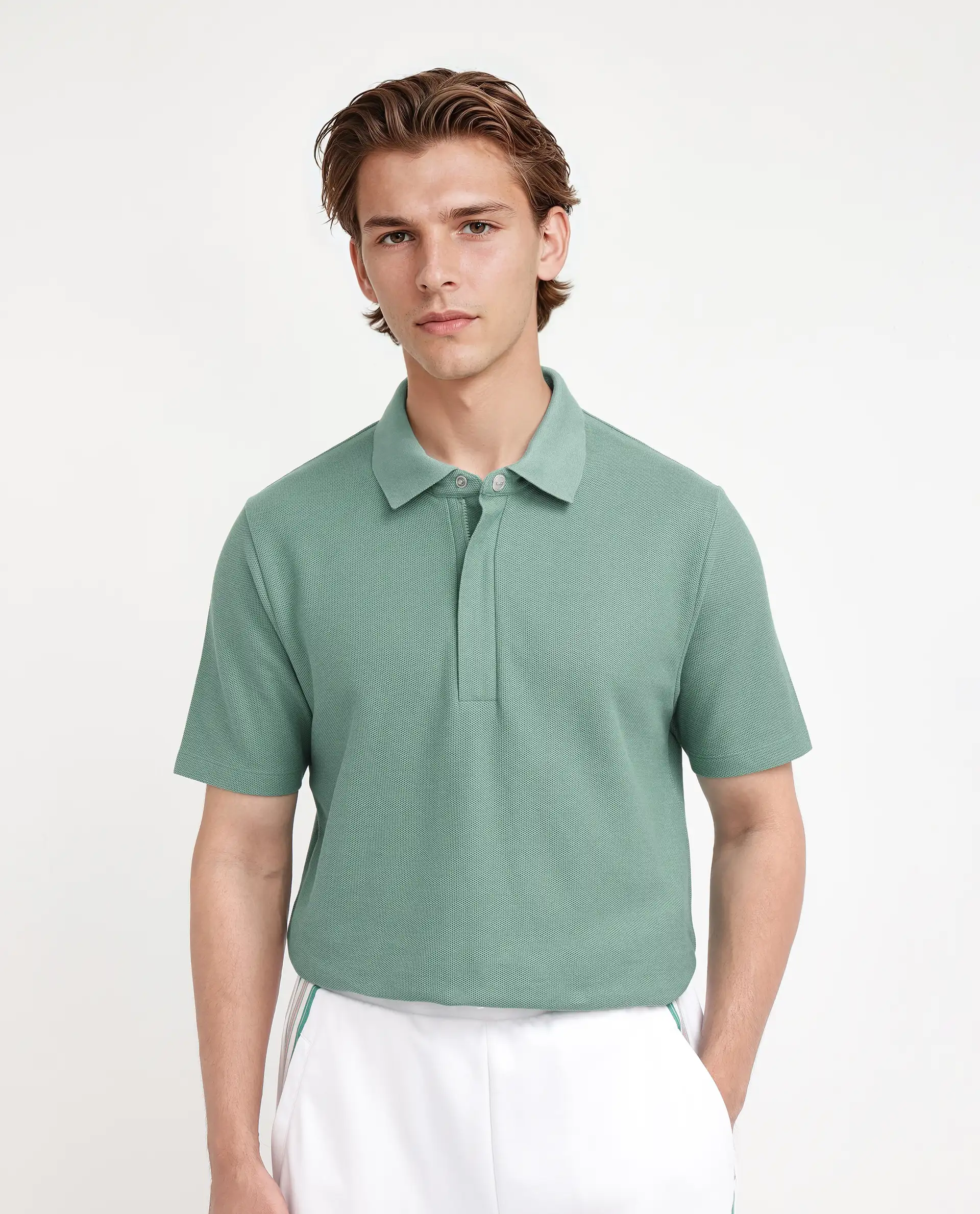 Rare Rabbit Men's Crin Light Green Cotton Plain Regular Fit Half Sleeve Polo - Image 4