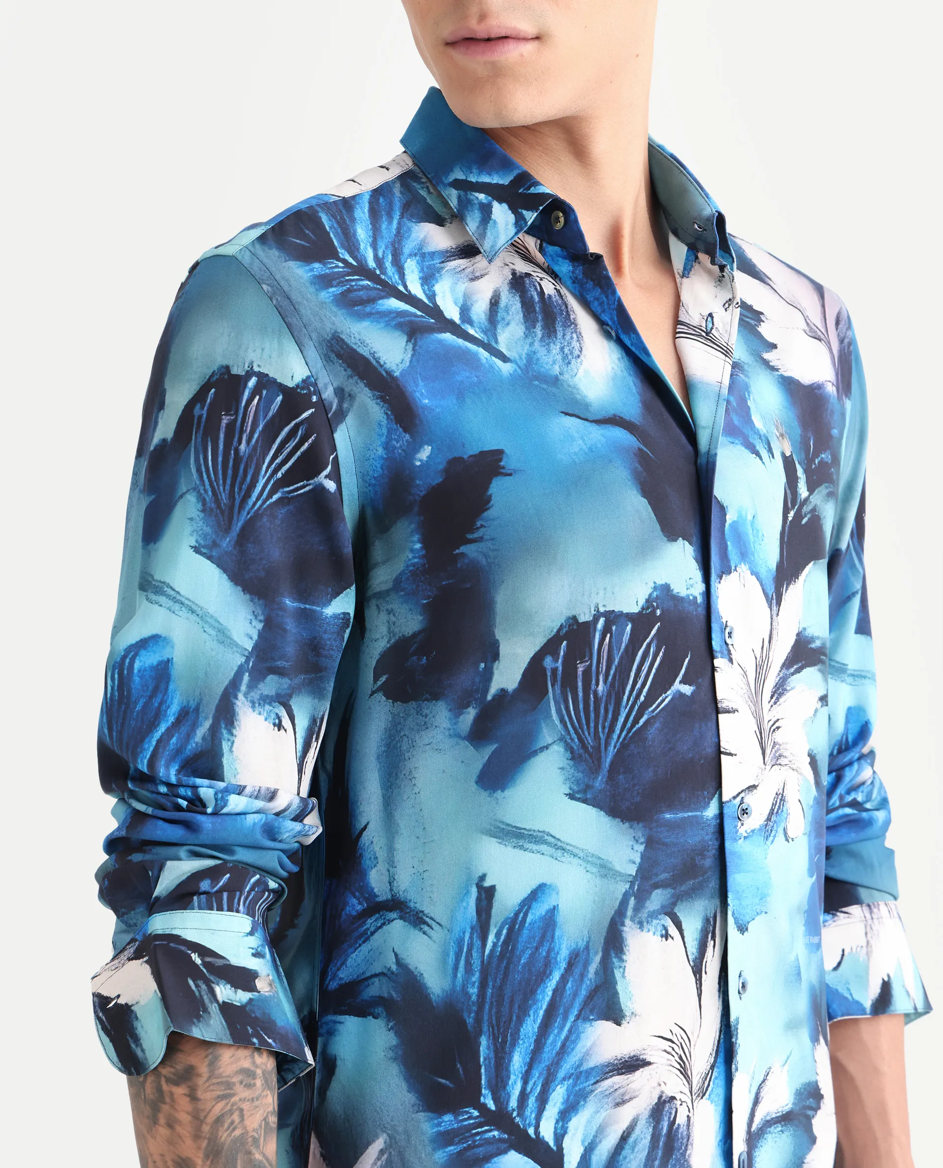 Rare Rabbit Men's Crin Blue Viscose Floral Print Regular Fit Full Sleeve Collared Shirt - Image 3