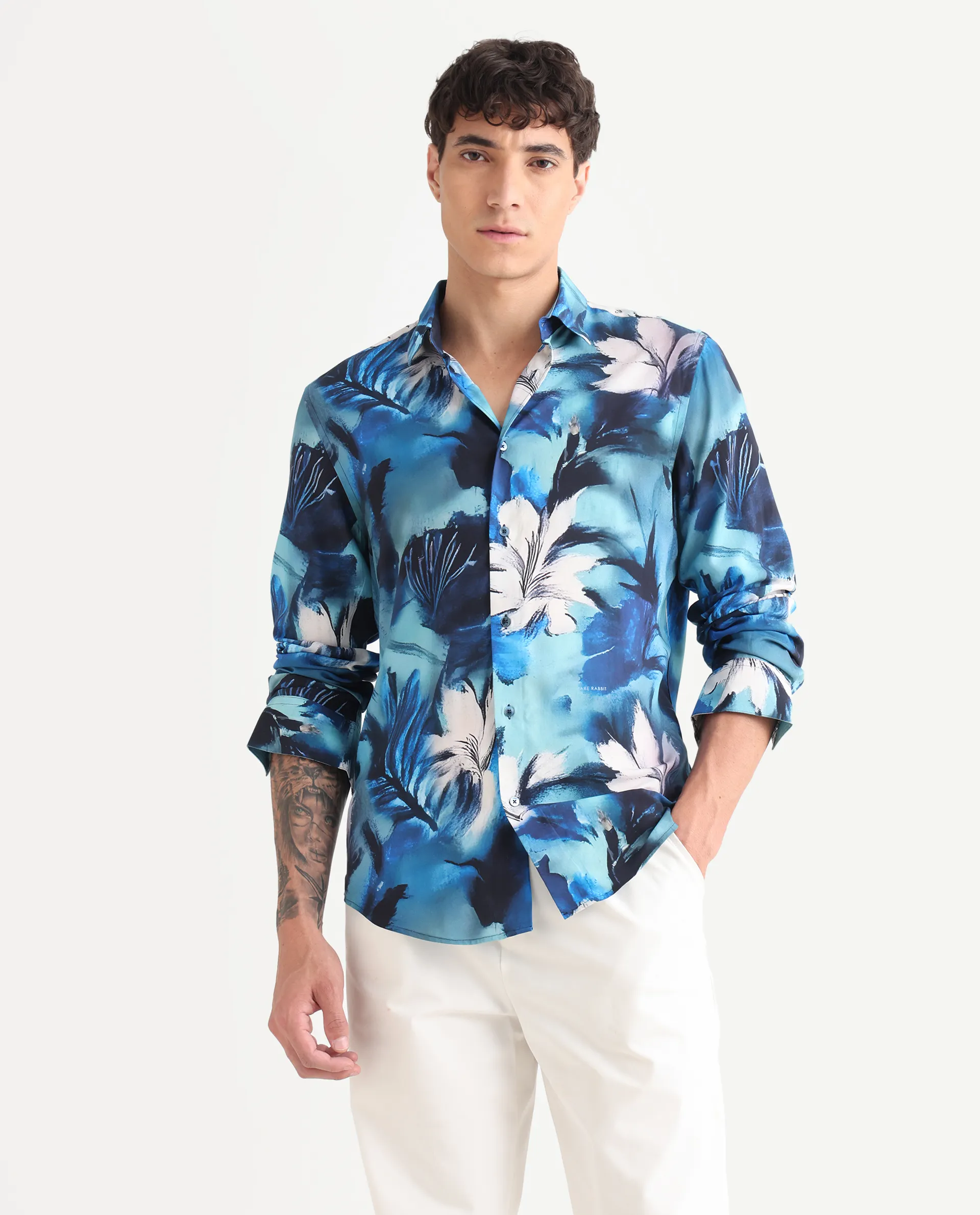 Rare Rabbit Men's Crin Blue Viscose Floral Print Regular Fit Full Sleeve Collared Shirt - Image 4