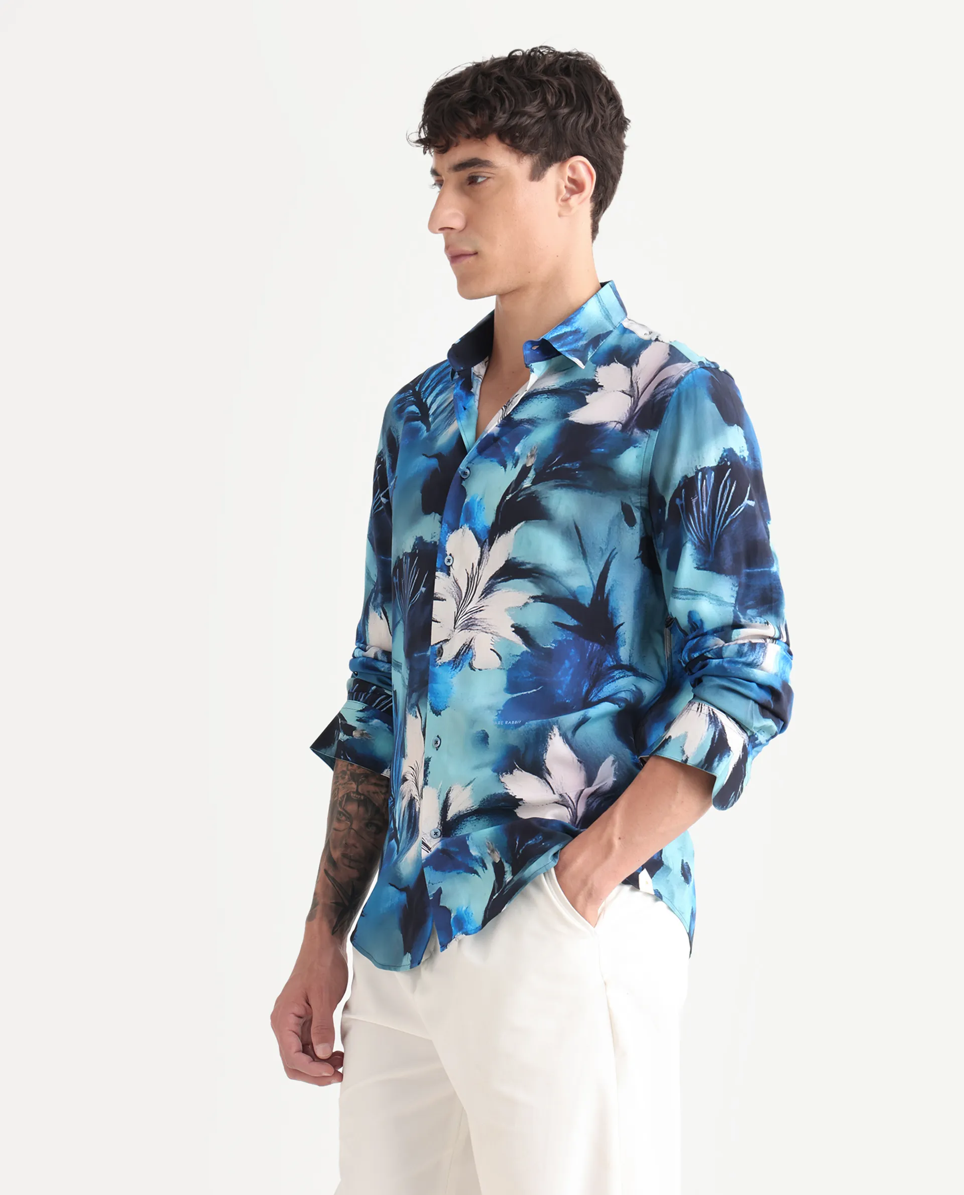 Rare Rabbit Men's Crin Blue Viscose Floral Print Regular Fit Full Sleeve Collared Shirt - Image 5