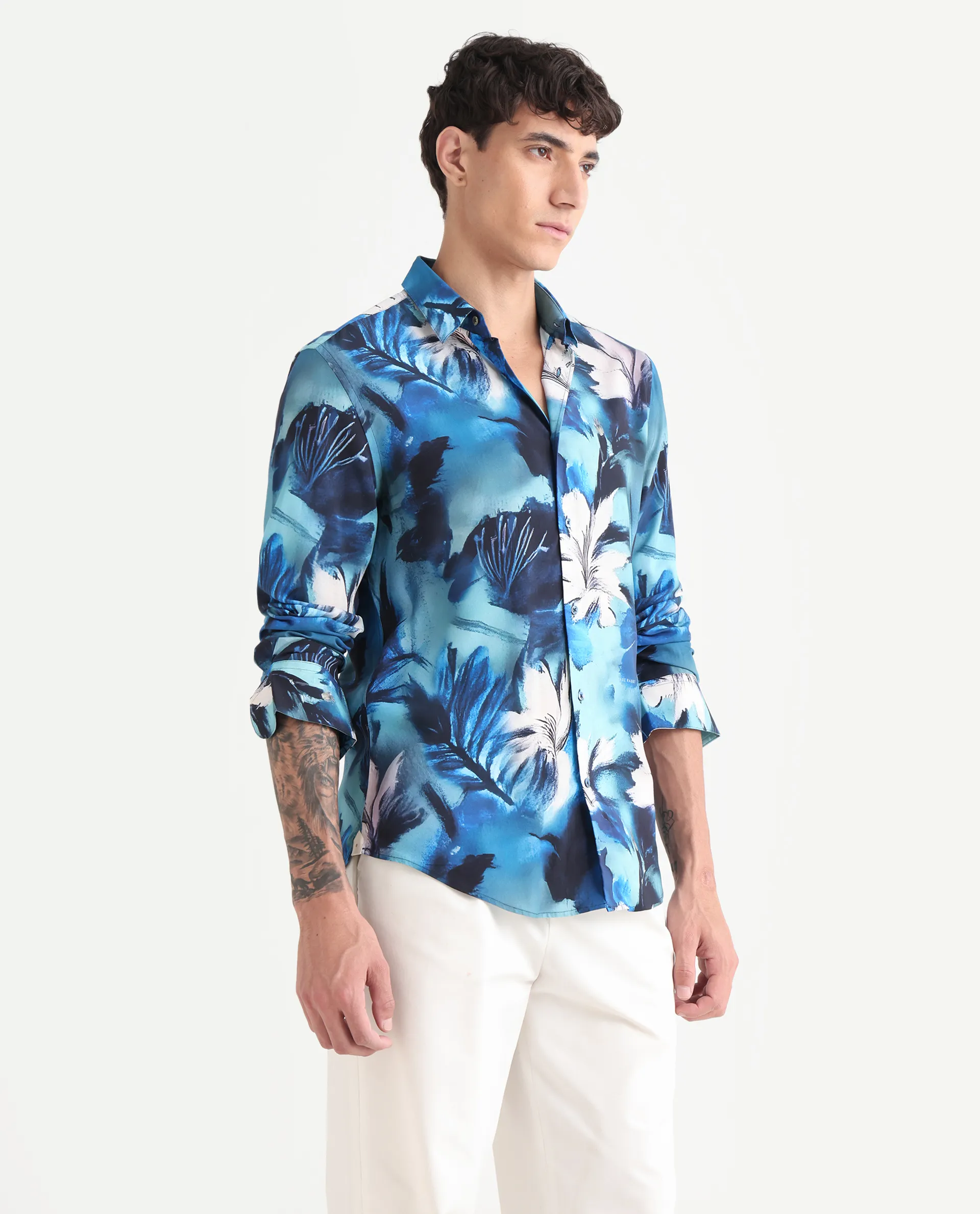 Rare Rabbit Men's Crin Blue Viscose Floral Print Regular Fit Full Sleeve Collared Shirt - Image 6